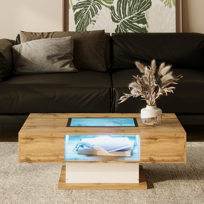 Coffee Table with Color-Changing LED Light, Glass, Two Drawers