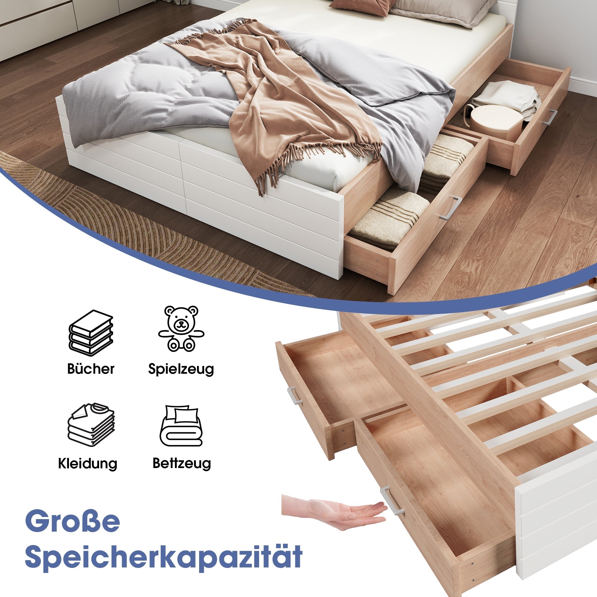 Double Wooden Bed with 2 Drawers, Modern, Oak/White