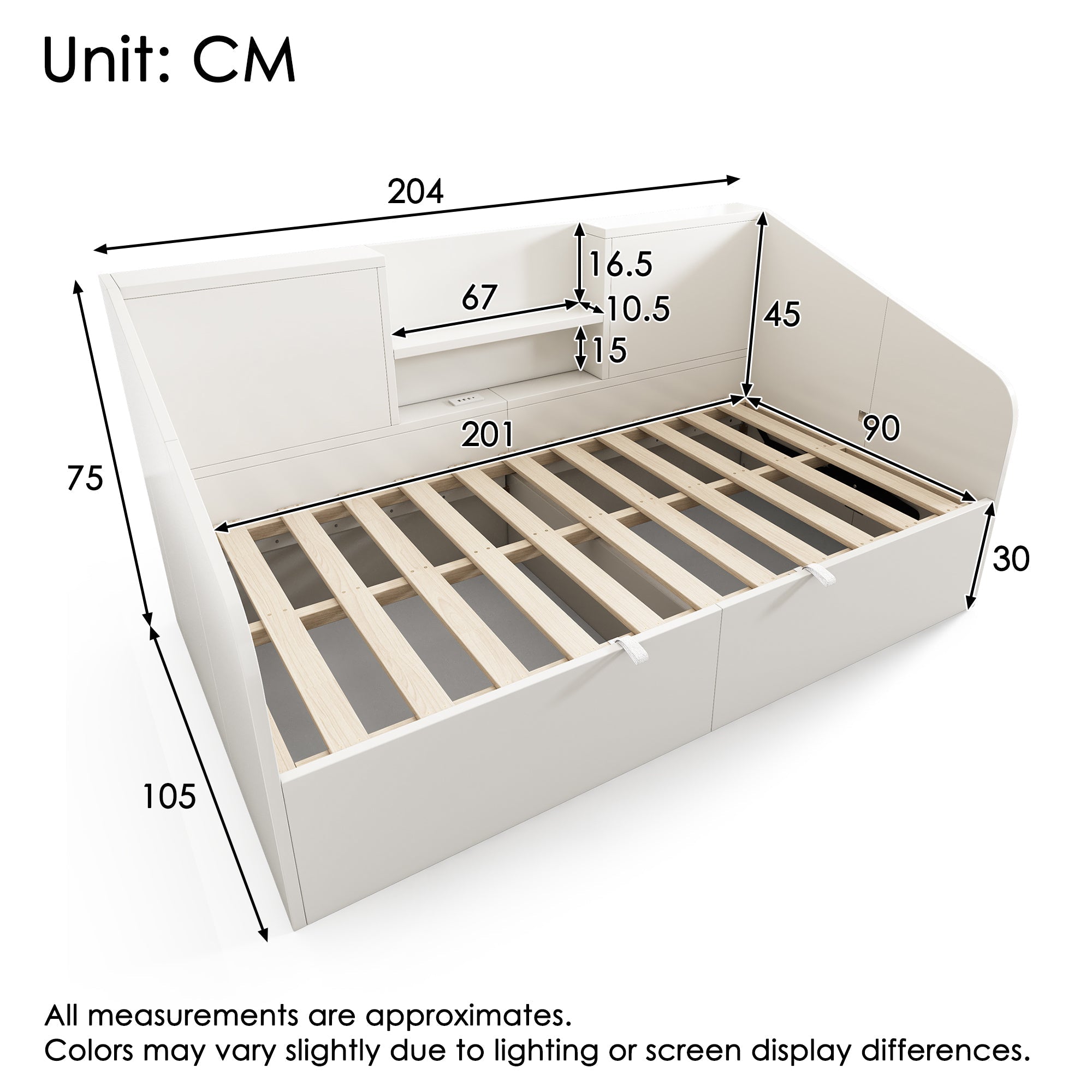 Daybed 90x200cm Hydraulic Storage USB/Type-C Charging - White Wood