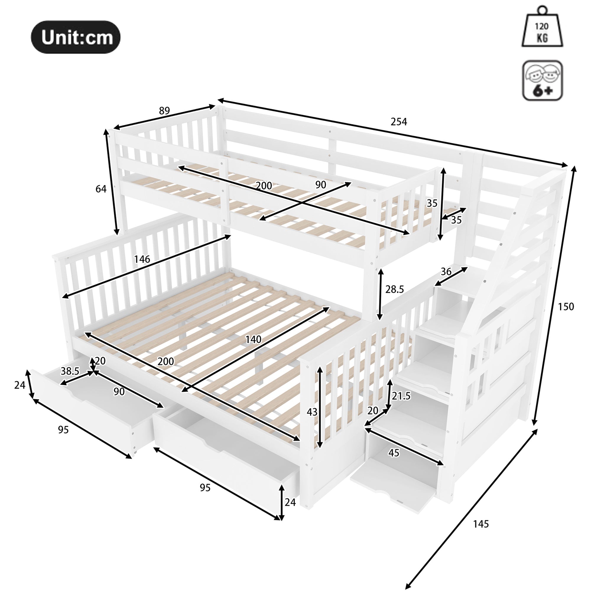 Multifunctional Bunk Bed with Storage Drawers, 90x200cm over 140x200cm, White