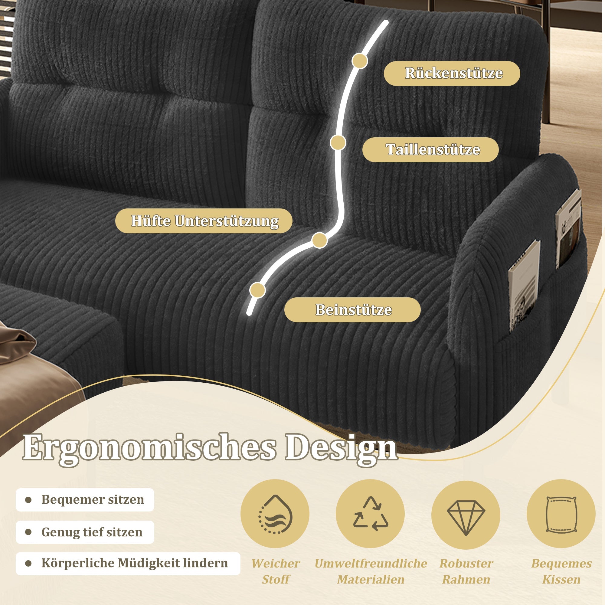 Corduroy Two-Seater Sofa, Comfort Padding High Backrest Side Pockets, Metal Feet