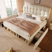 Double Bed with Storage Drawers and Adjustable Headboard, 140x190cm, Beige Velvet