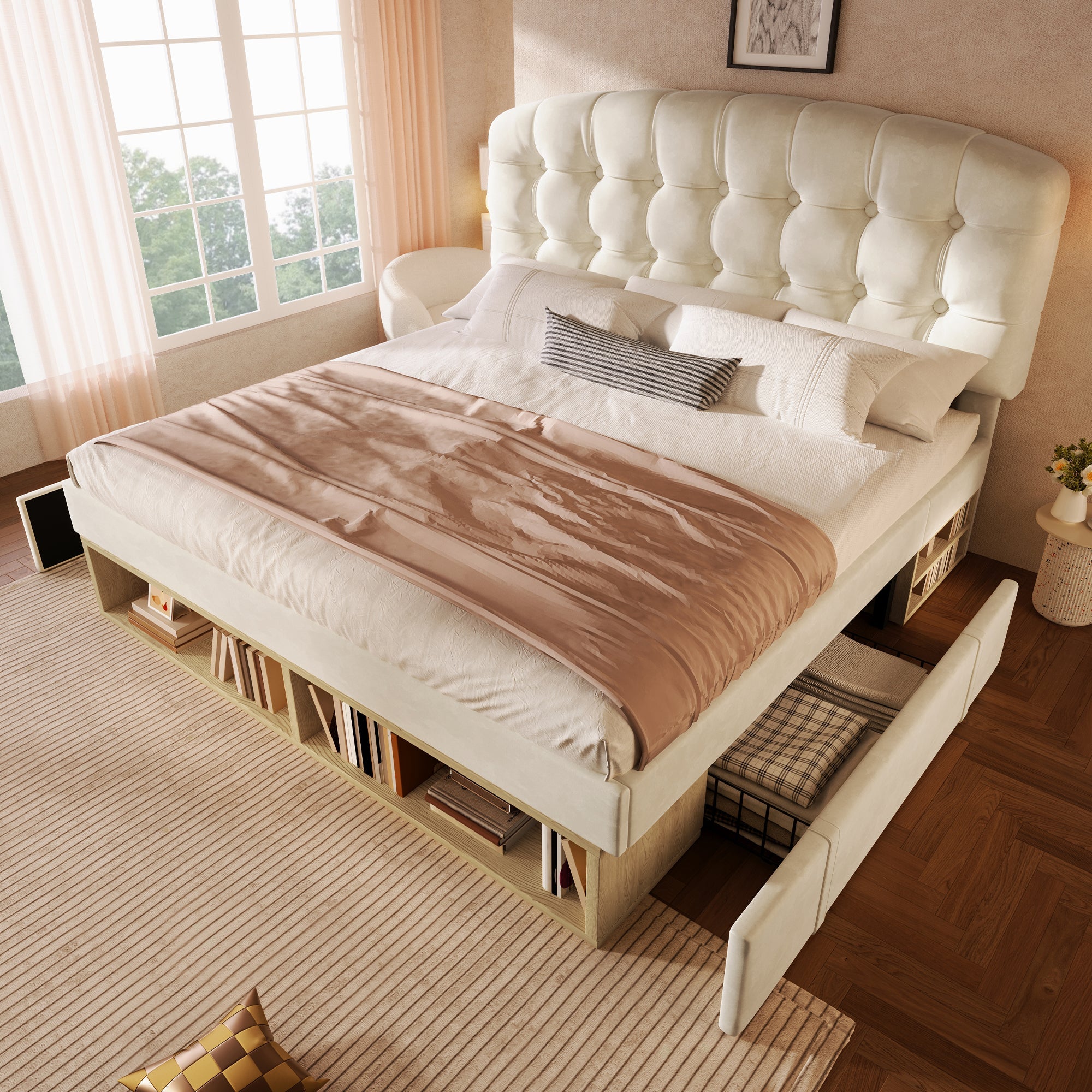 Upholstered Double Bed with Drawers, Storage and Adjustable Headboard, 140x200cm, Beige Velvet