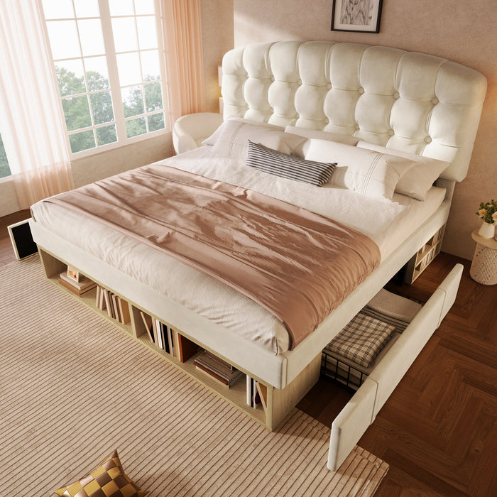 Upholstered Double Bed with Drawers, Storage and Adjustable Headboard, 140x200cm, Beige Velvet