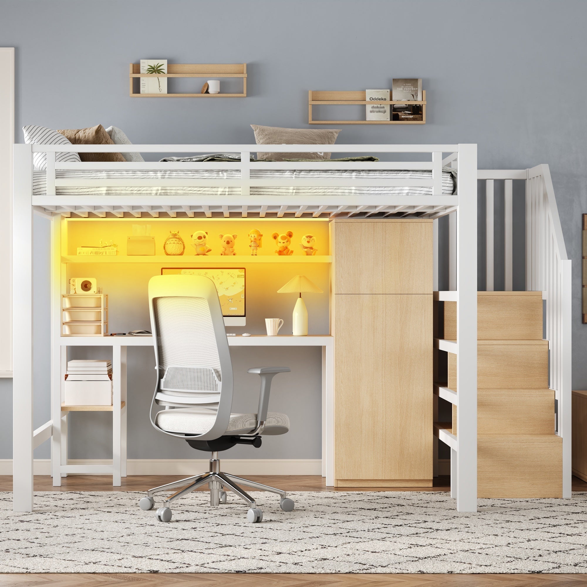 Metal Loft Bed with Desk, Shelf, Wardrobe and Storage Stairs, 140x200cm, White