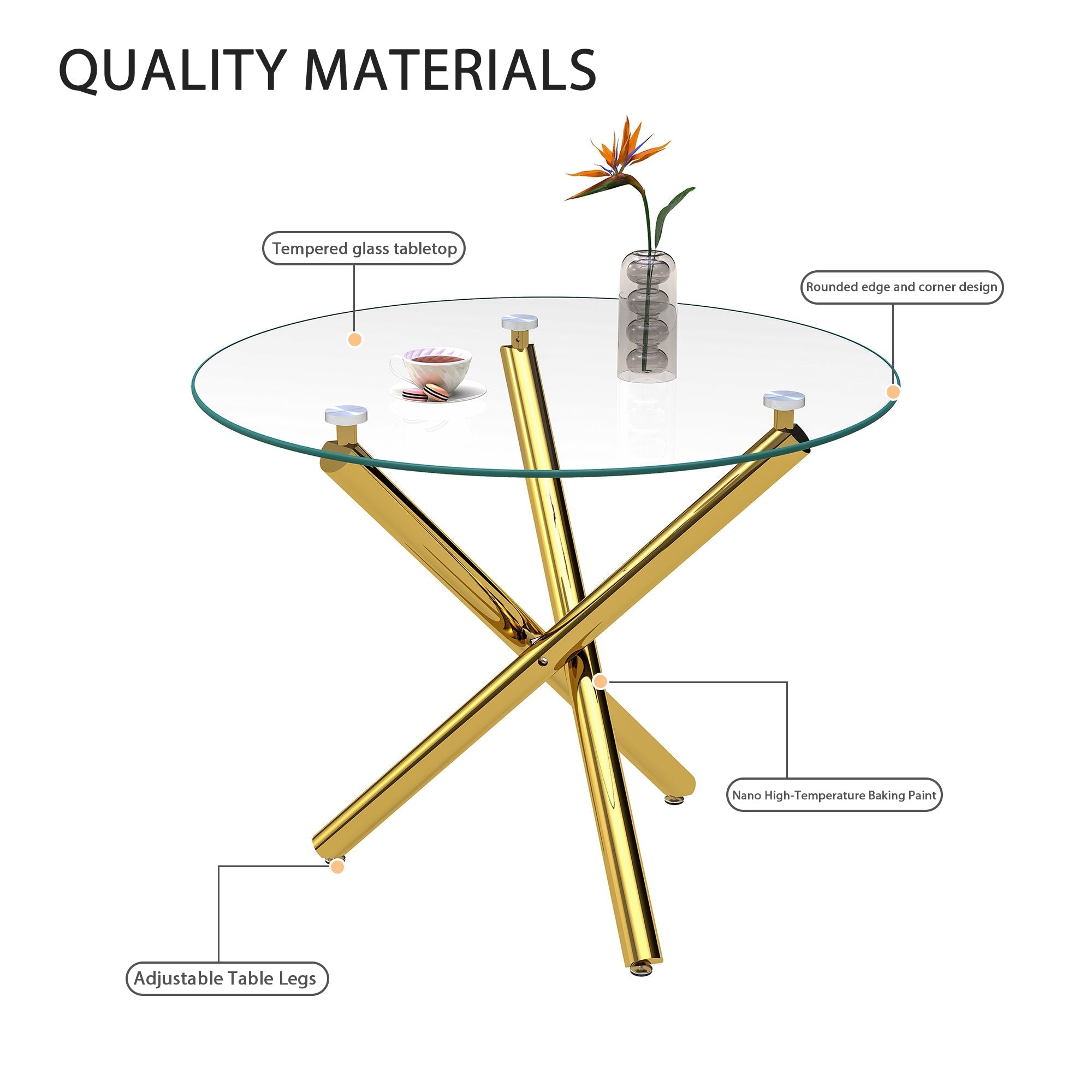 Round Dining Table Tempered Glass Top Gold Legs 80x80cm