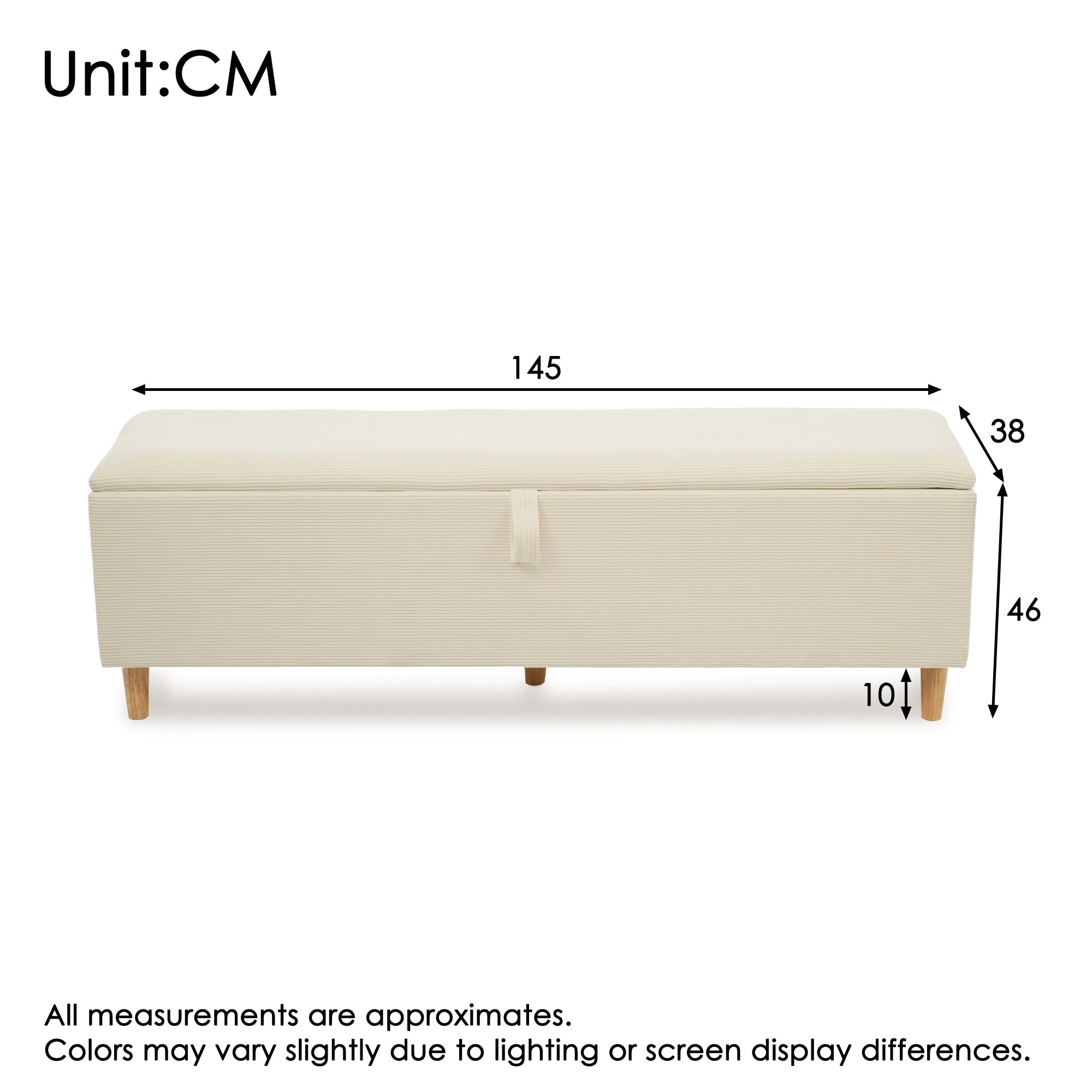 bed bench with storage space, 145 x 38 cm upholstered, beige corduroy