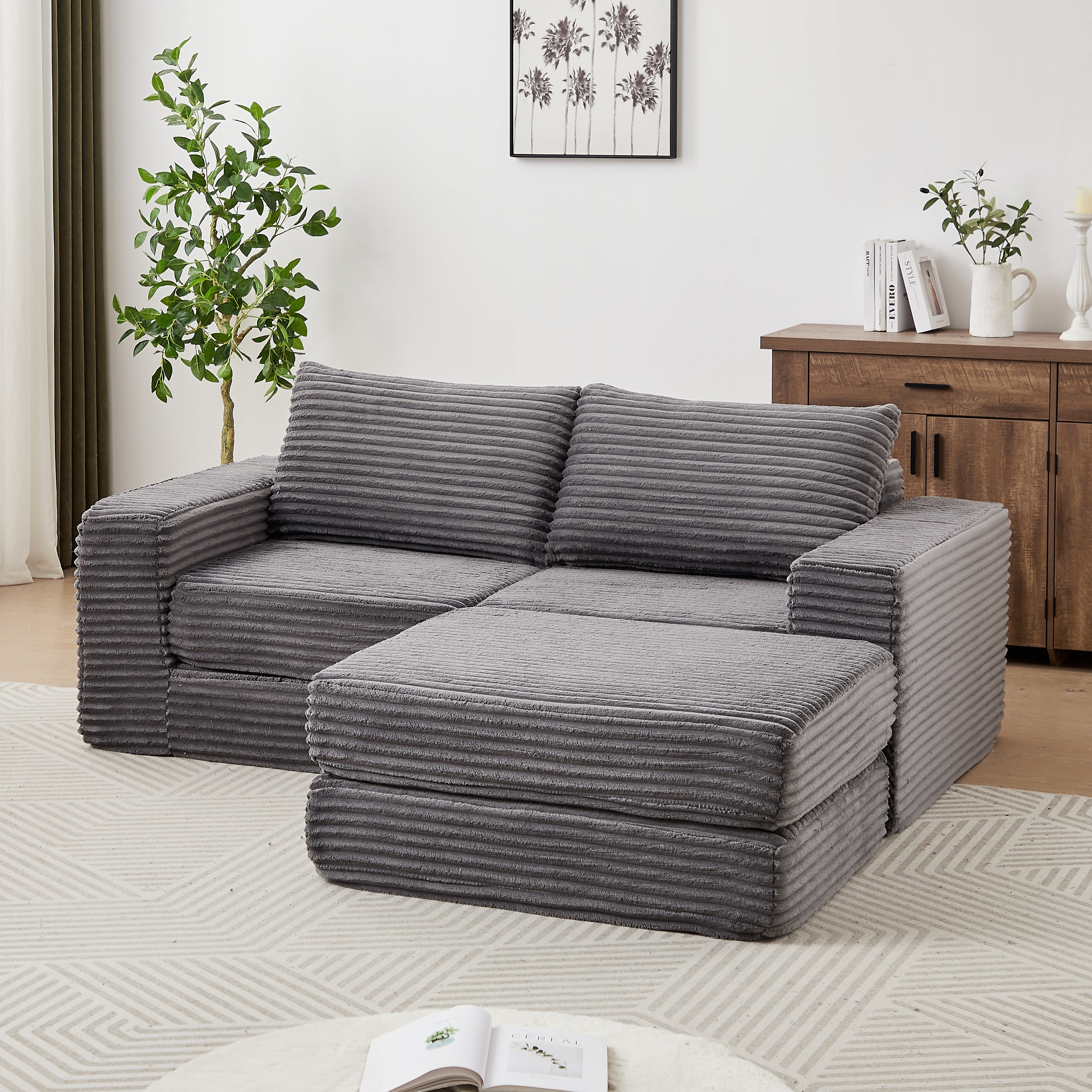 Sofa Bed 2-in-1 Modular with Removable Footstool Corduroy