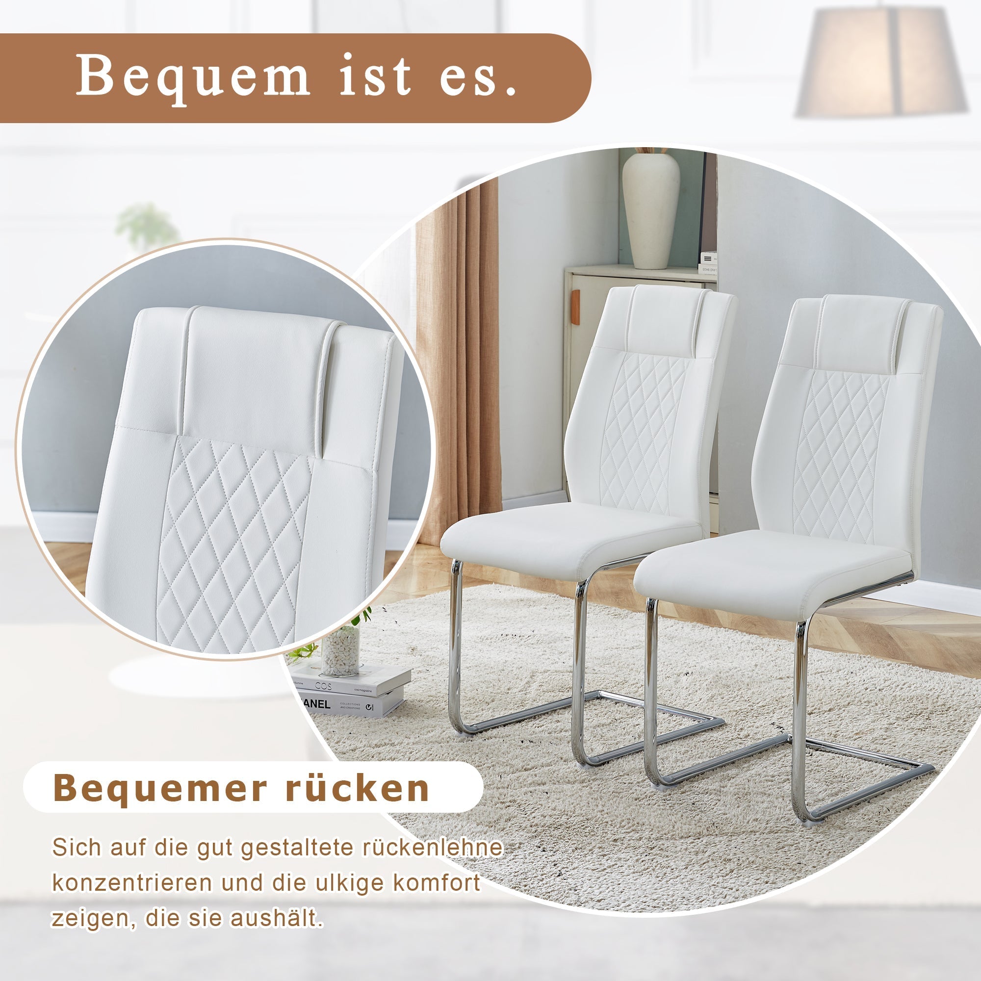 Scandinavian Dining Chairs Set of 4 Mesh Back Metal Legs - White PU