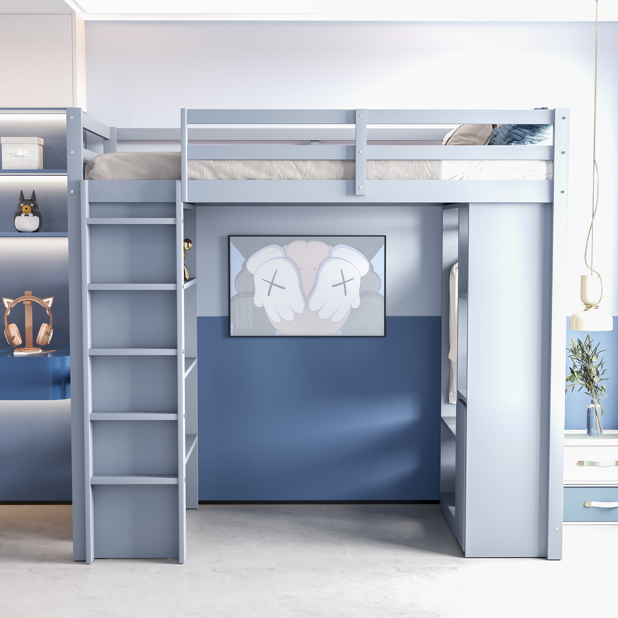 Children's Loft Bed with Shelves, Organizer, Storage, Grey