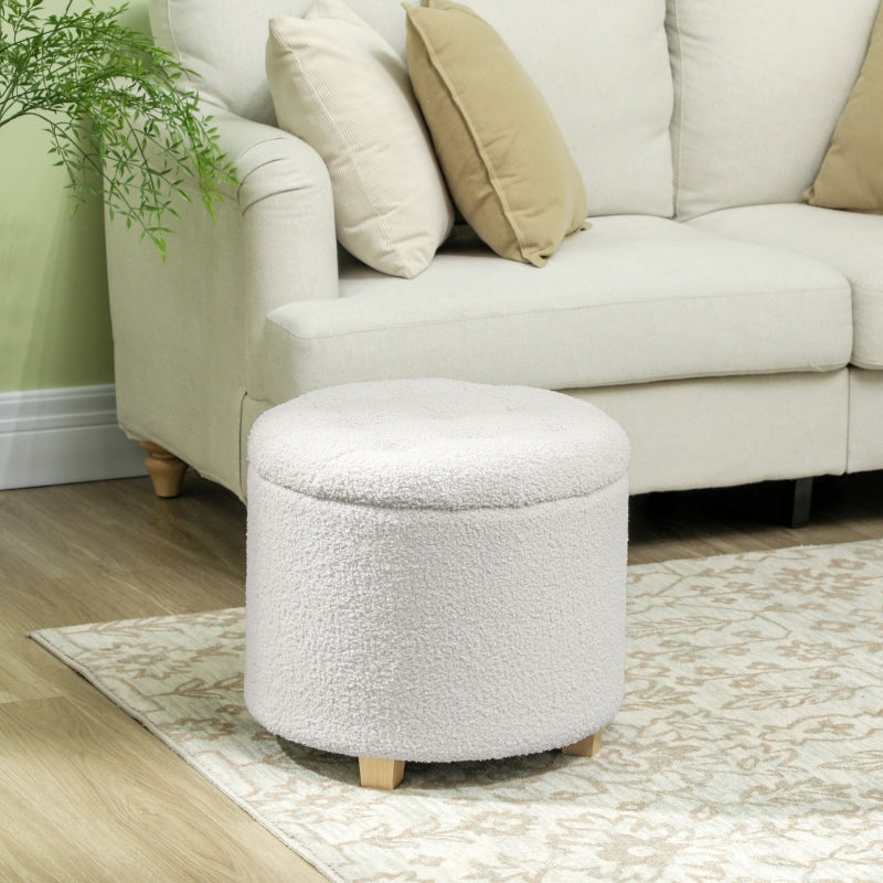 Stool with Storage Space, Round Footstool, Wooden Legs, White