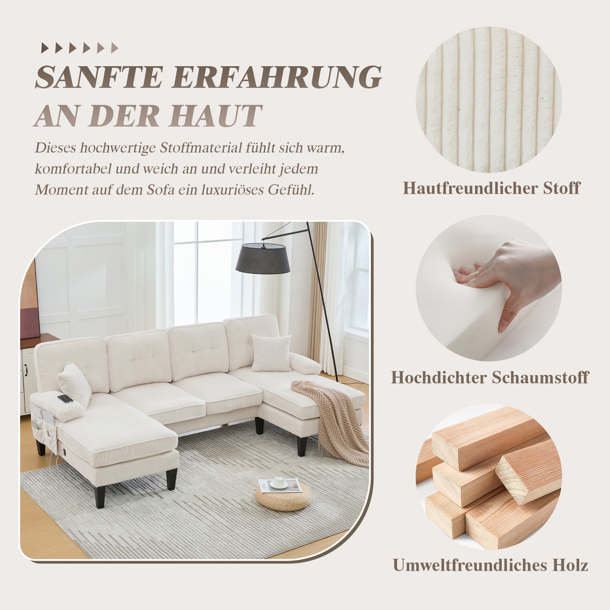 Modern 4-Seater U-Shaped Sofa with Double Chaise Lounge and Corduroy Upholstery, Beige