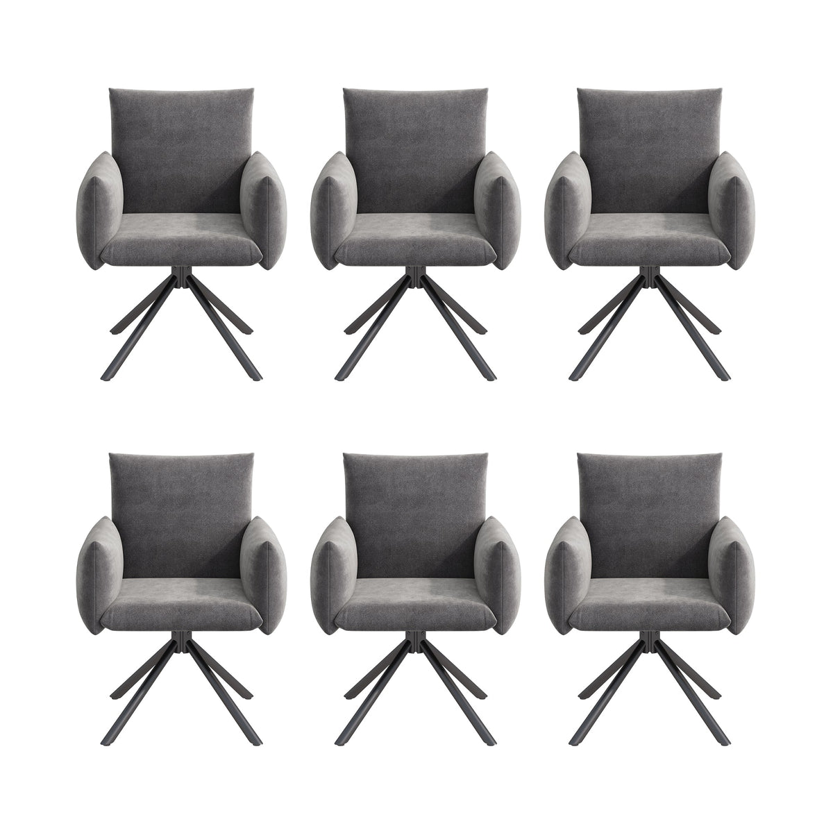 Set of 6 Dining Chairs Upholstered 360° Swivel Lumbar Support - Velvet Grey