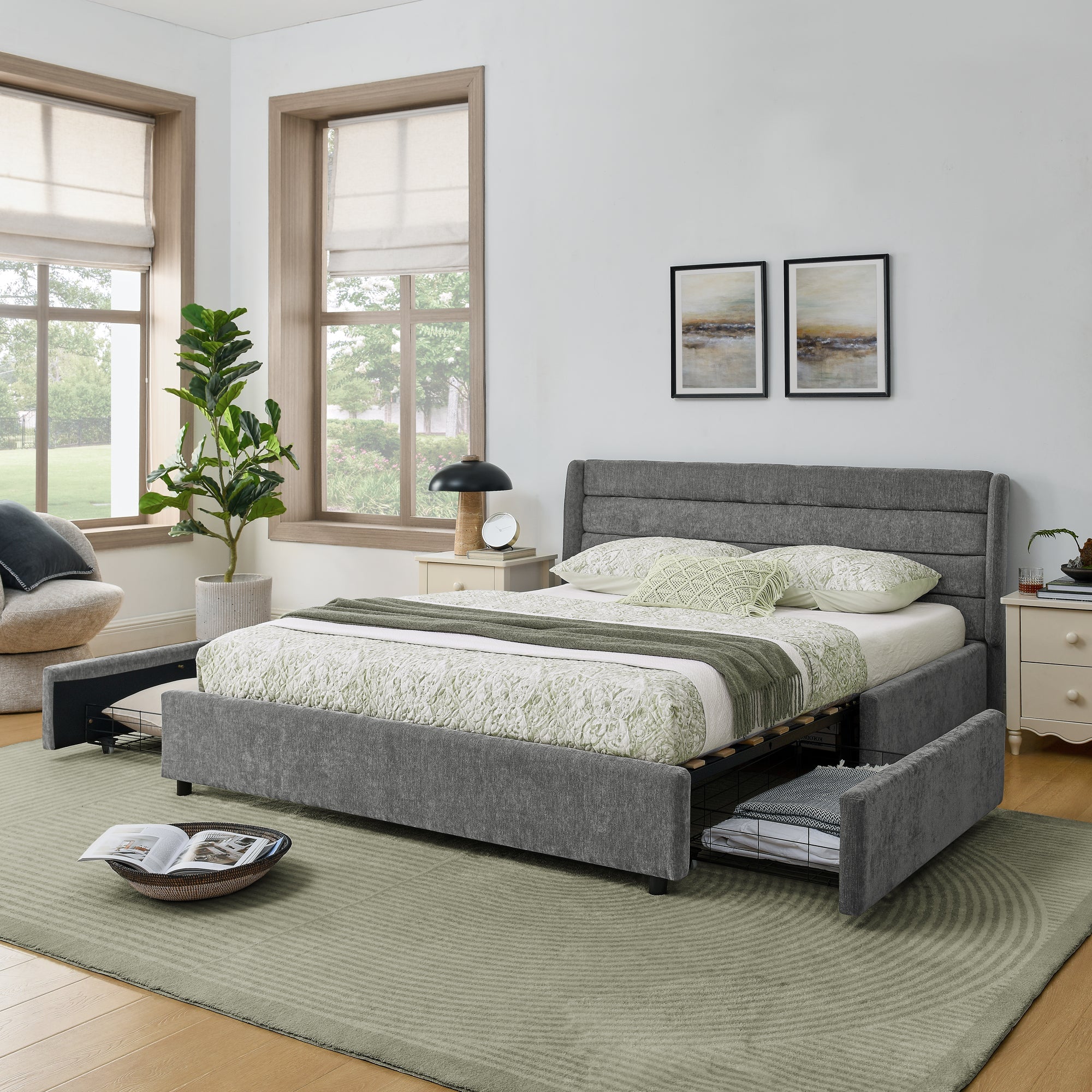 Double Bed 140x200cm 4 Storage Drawers - Dark Grey Chenille