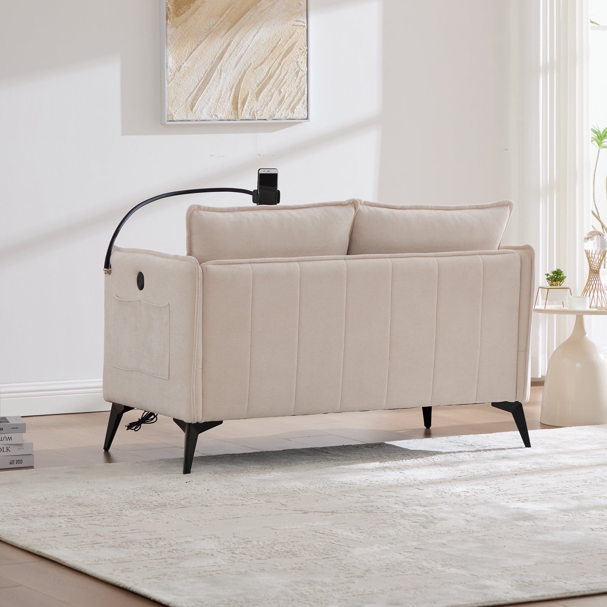Modern Double Sofa, Small Fabric Armchair with Storage & Phone Holder