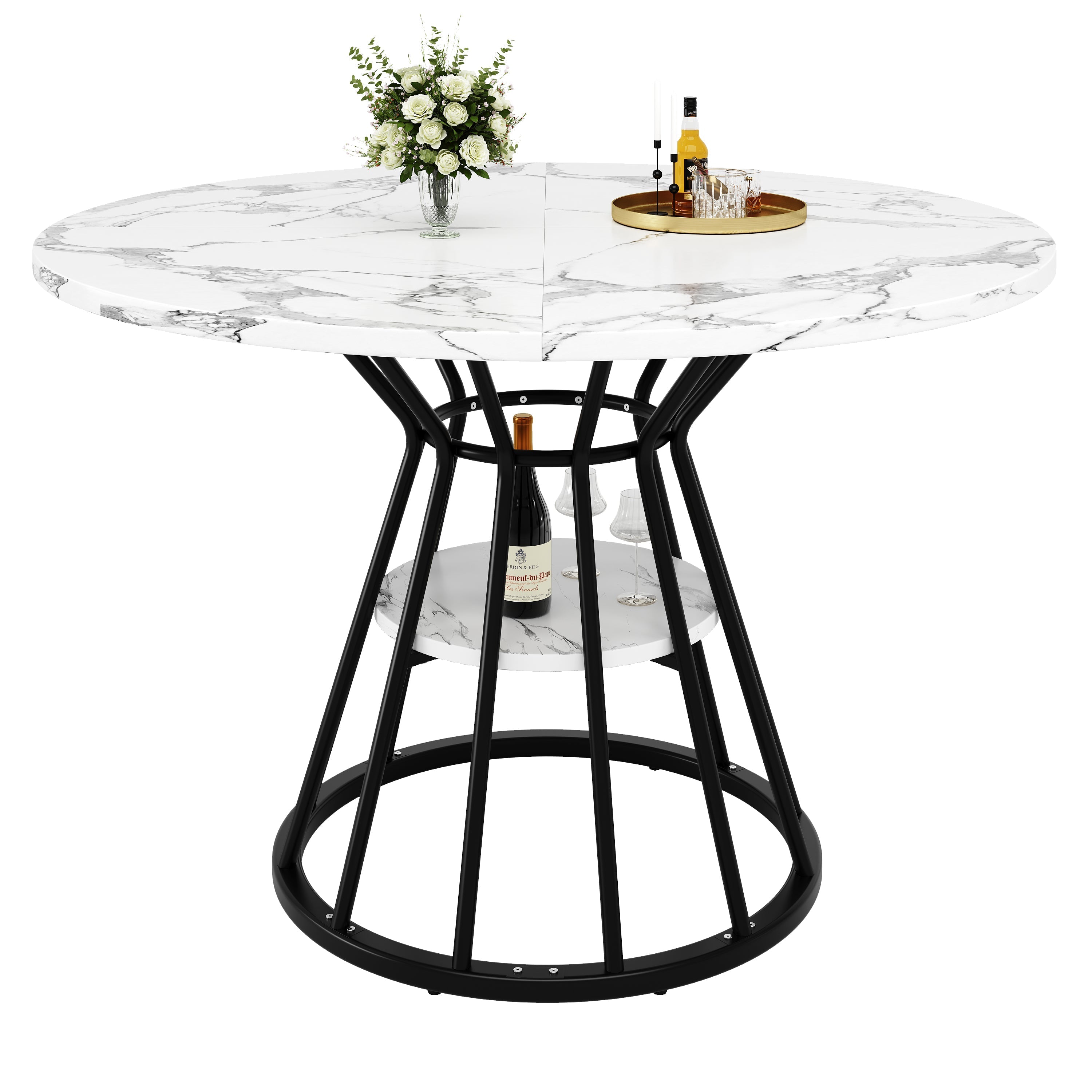 Round Dining Table with Metal Legs and Storage Shelf, Marble Pattern Gold and Black