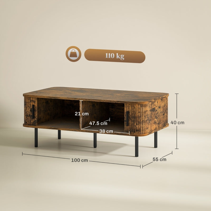 Coffee Table with Storage, Rectangular Slatted Sliding Doors, Rustic Brown