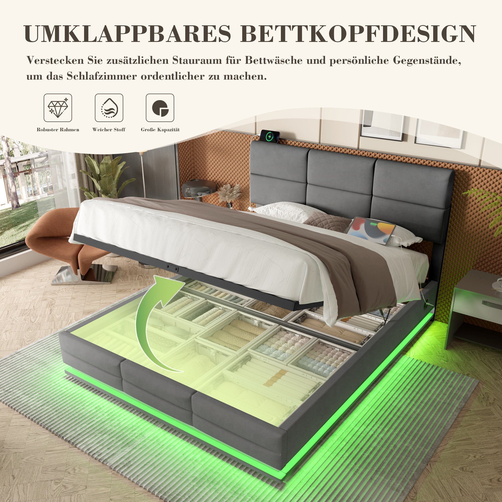 Upholstered Bed 160x200cm Hydraulic Storage Adjustable Headboard LED USB/Type-C - Velour Grey