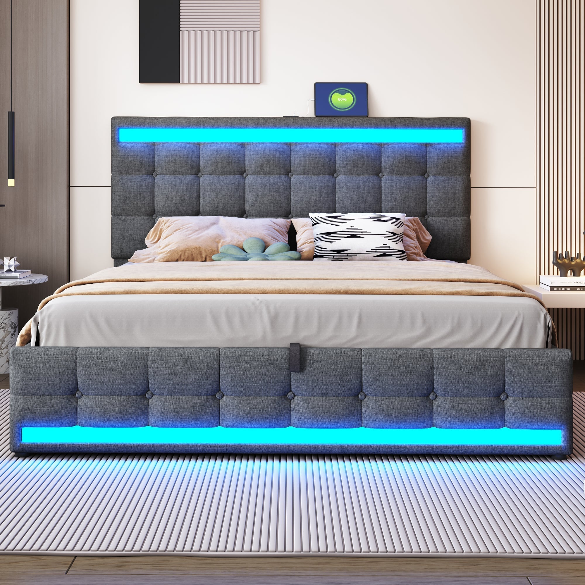 Upholstered Bed 180x200 Hydraulic Storage USB LED Light Strip Children's Bed, Grey Linen