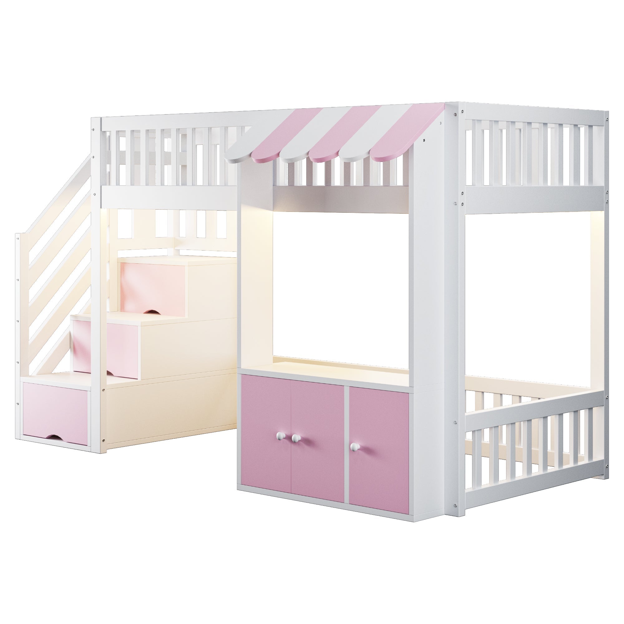 Loft Bed 90x200cm with Storage Stairs Wardrobe LED Light Wooden Pink