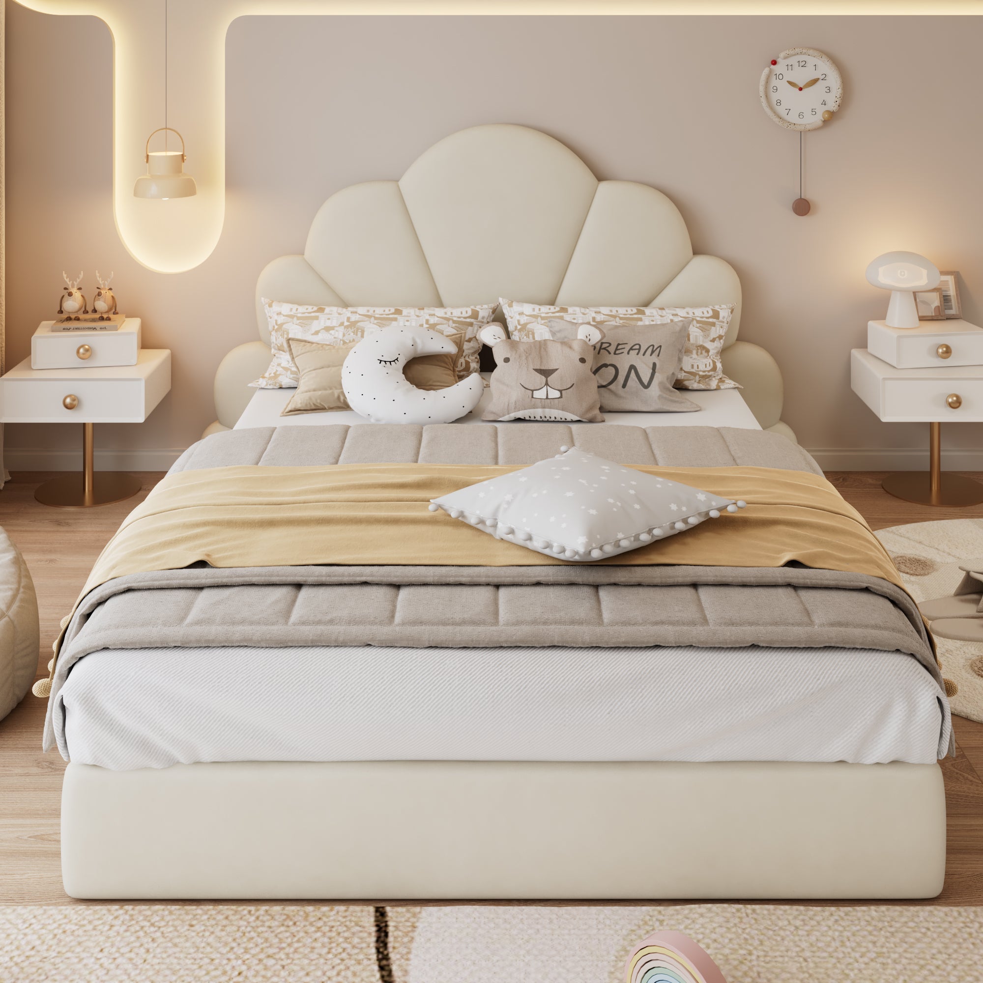 Upholstered Bed, Curved Petals, Modern Frame, Velvet Beige