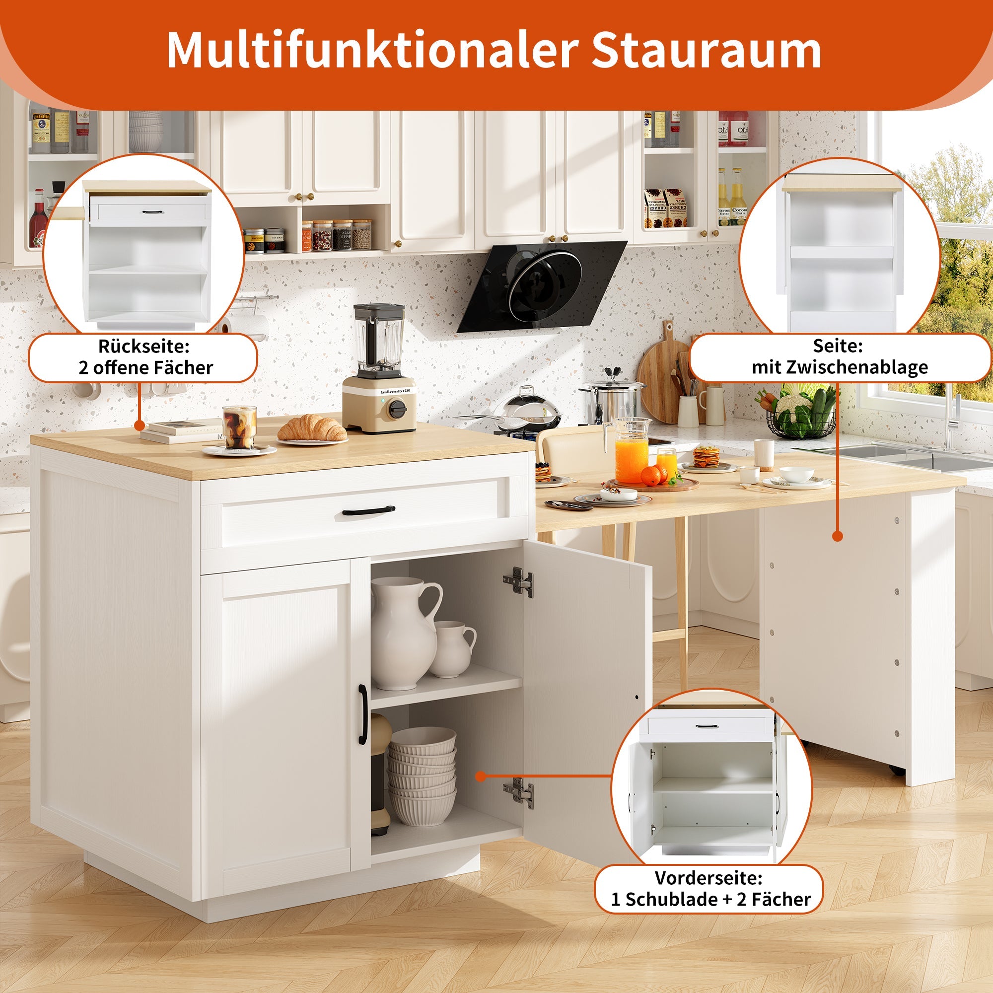 Extendable Bar Table 133-202cm with Storage, 2 Drawers & Side Shelves - White