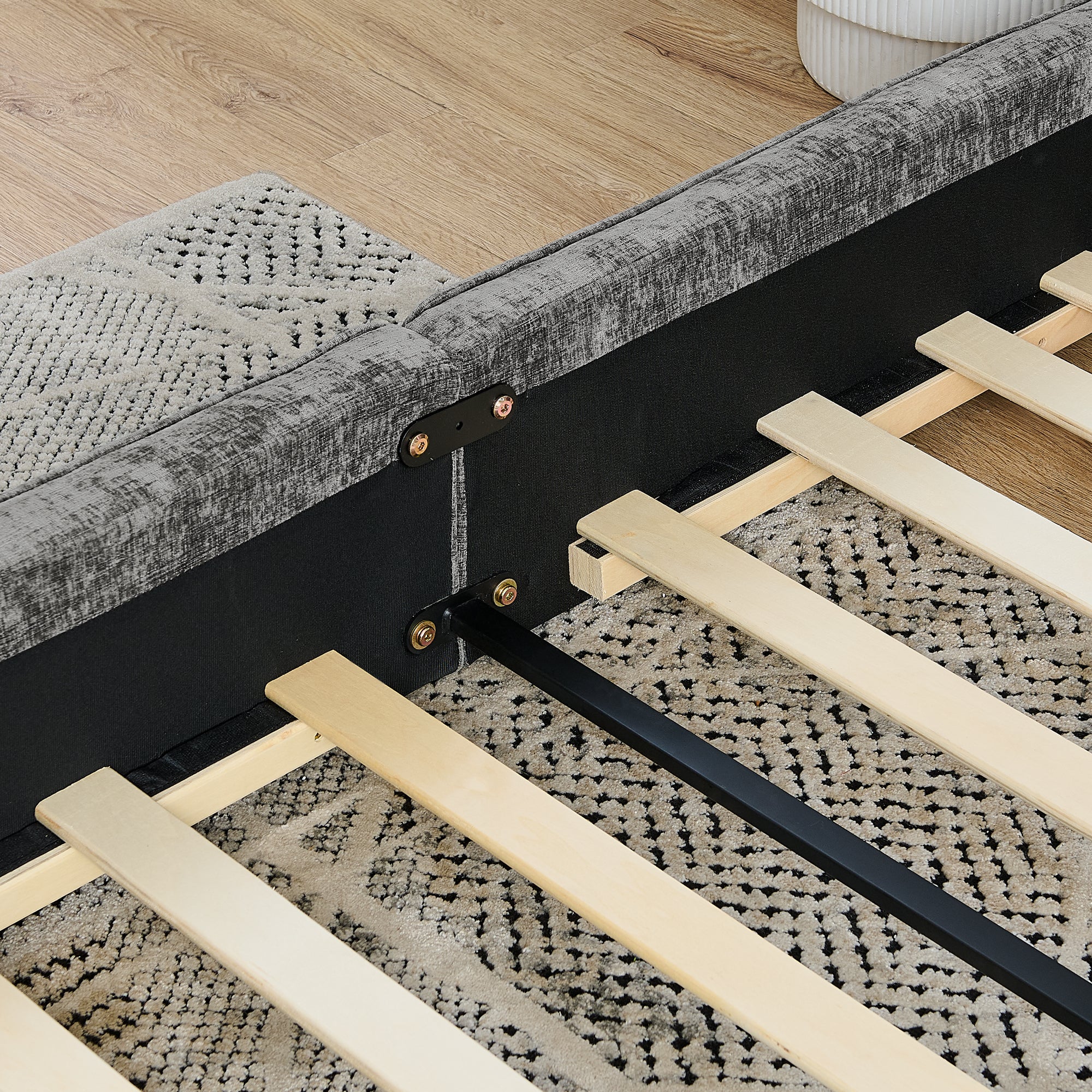 Double Bed 160x200cm Chenille Eucalyptus Wood Iron Frame - Dark Grey