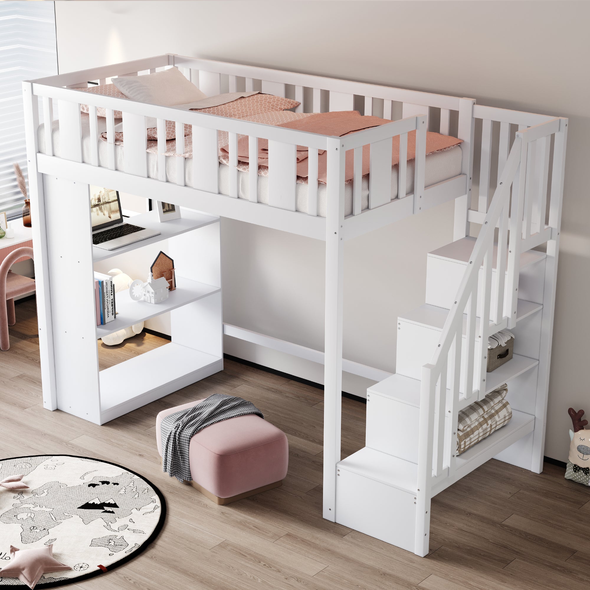 Loft Bed, 90x200cm with Storage Stairs, Functional Wooden Bed, White