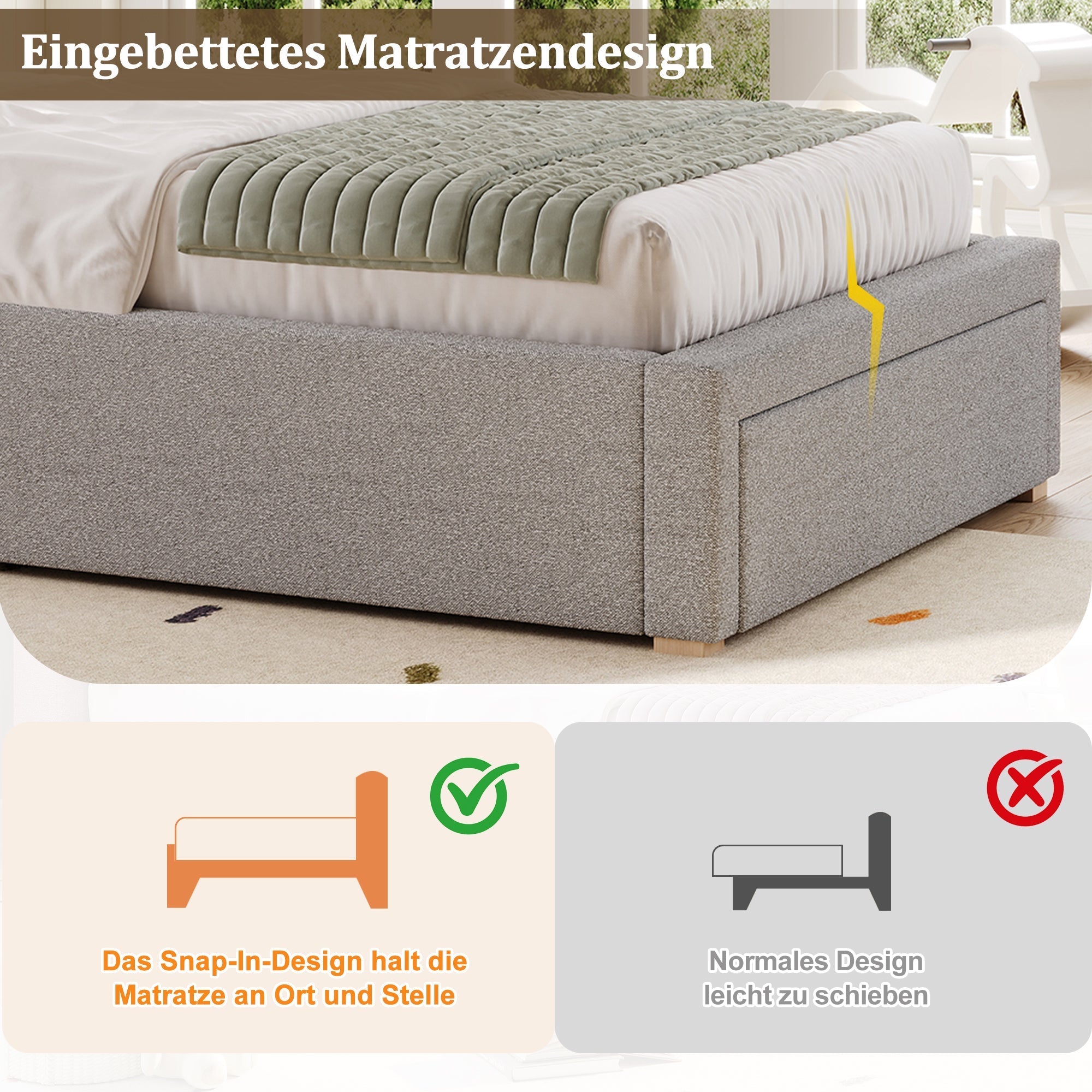 Upholstered Bed, Functional Storage Slatted Frame, Chenille Gray