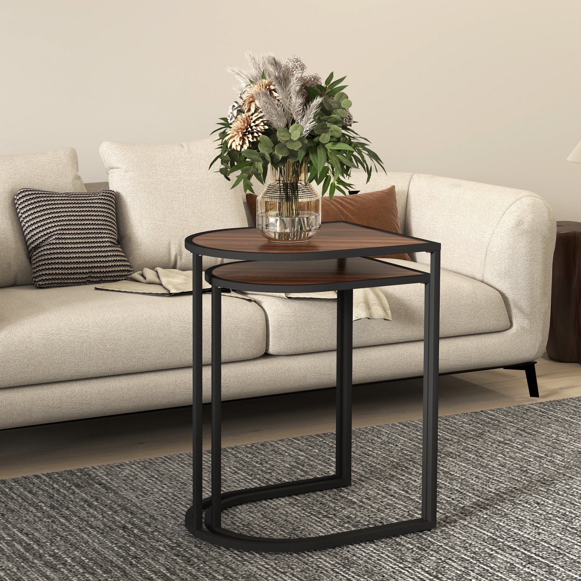 Set of 2 Coffee Tables, Square Stackable Side Tables, Steel, Brown + Black