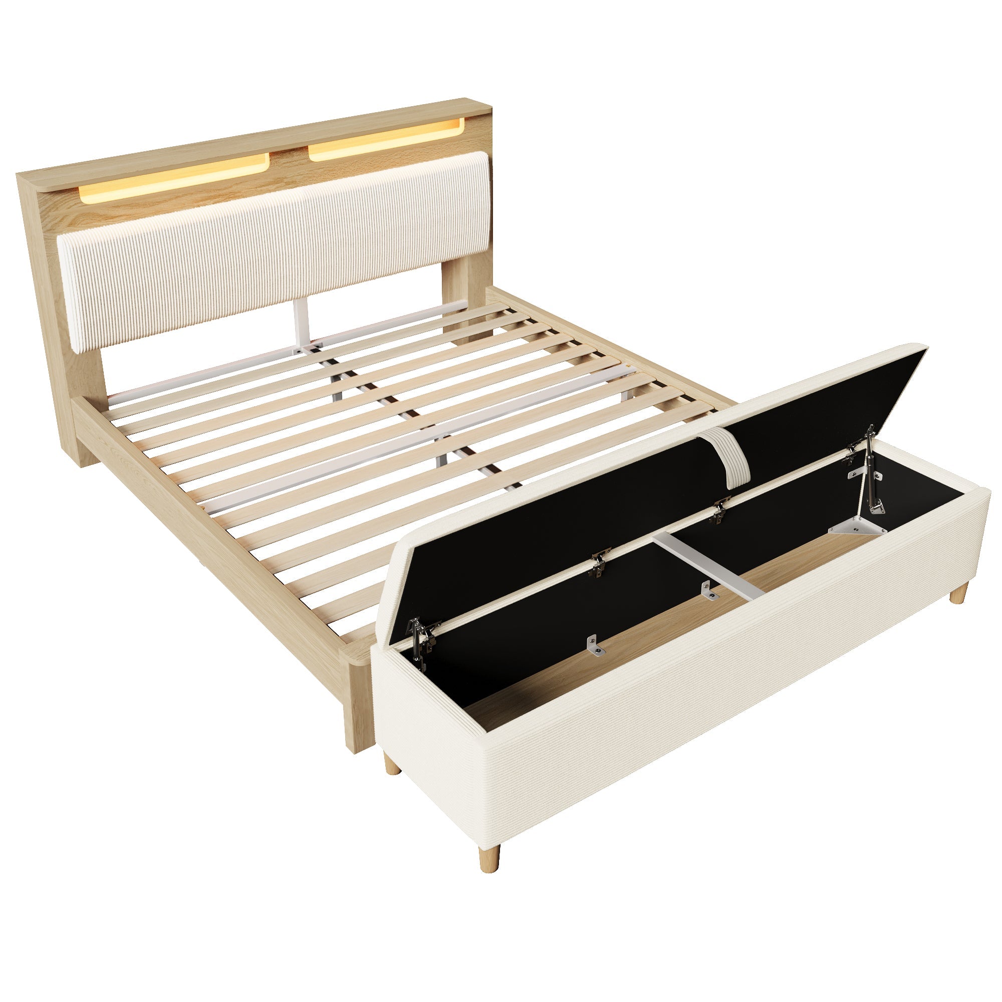 Double Bed with Bench, Headboard Storage & LED, Light Oak