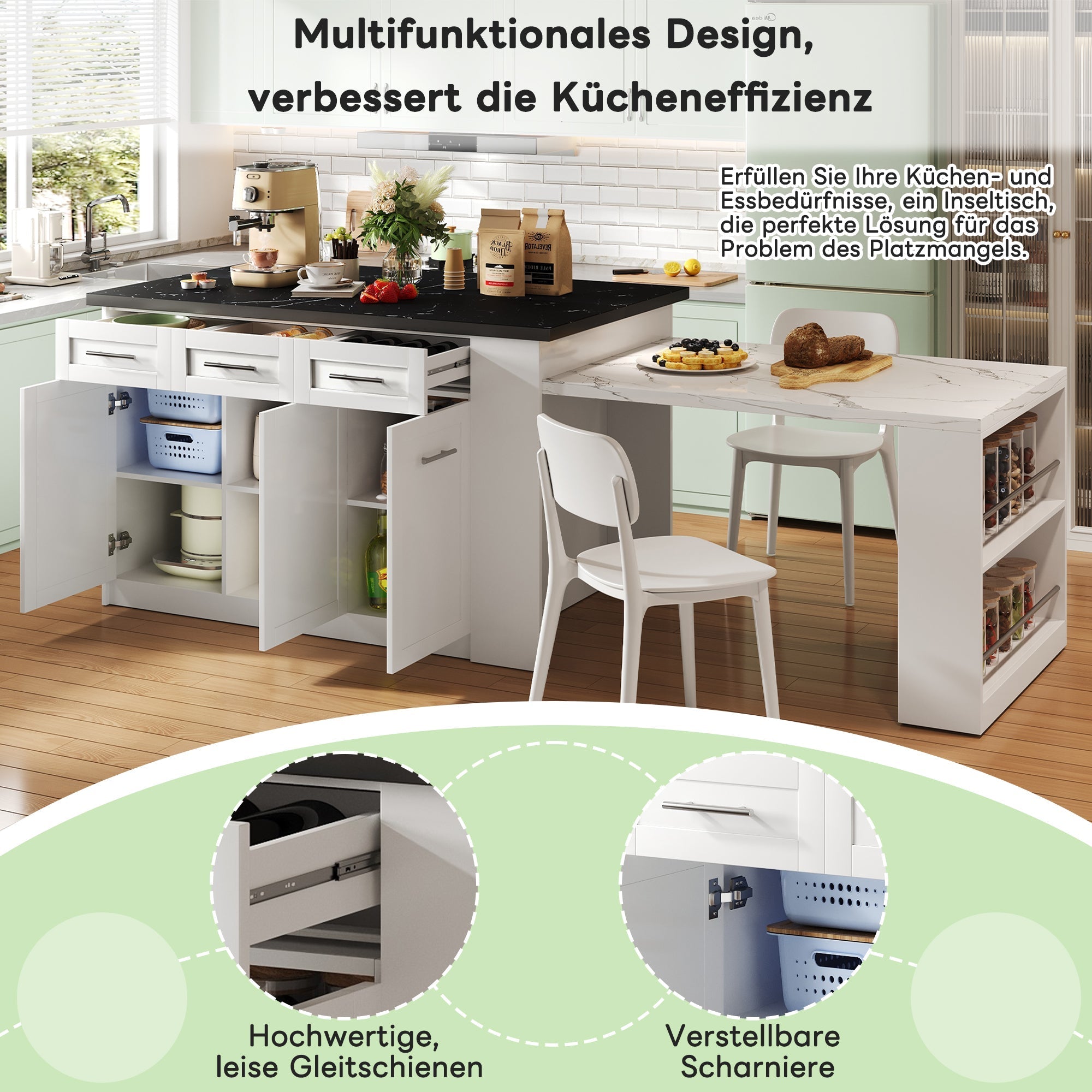 Kitchen Island Extendable Dining Table Storage Marbled Worktop White