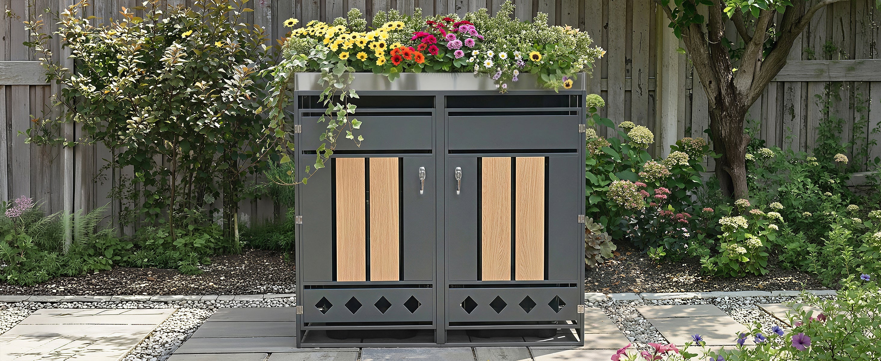 Bin Storage Unit with Planting Area, Lockable Two Doors and Hollow Base, Wood Grain Wood