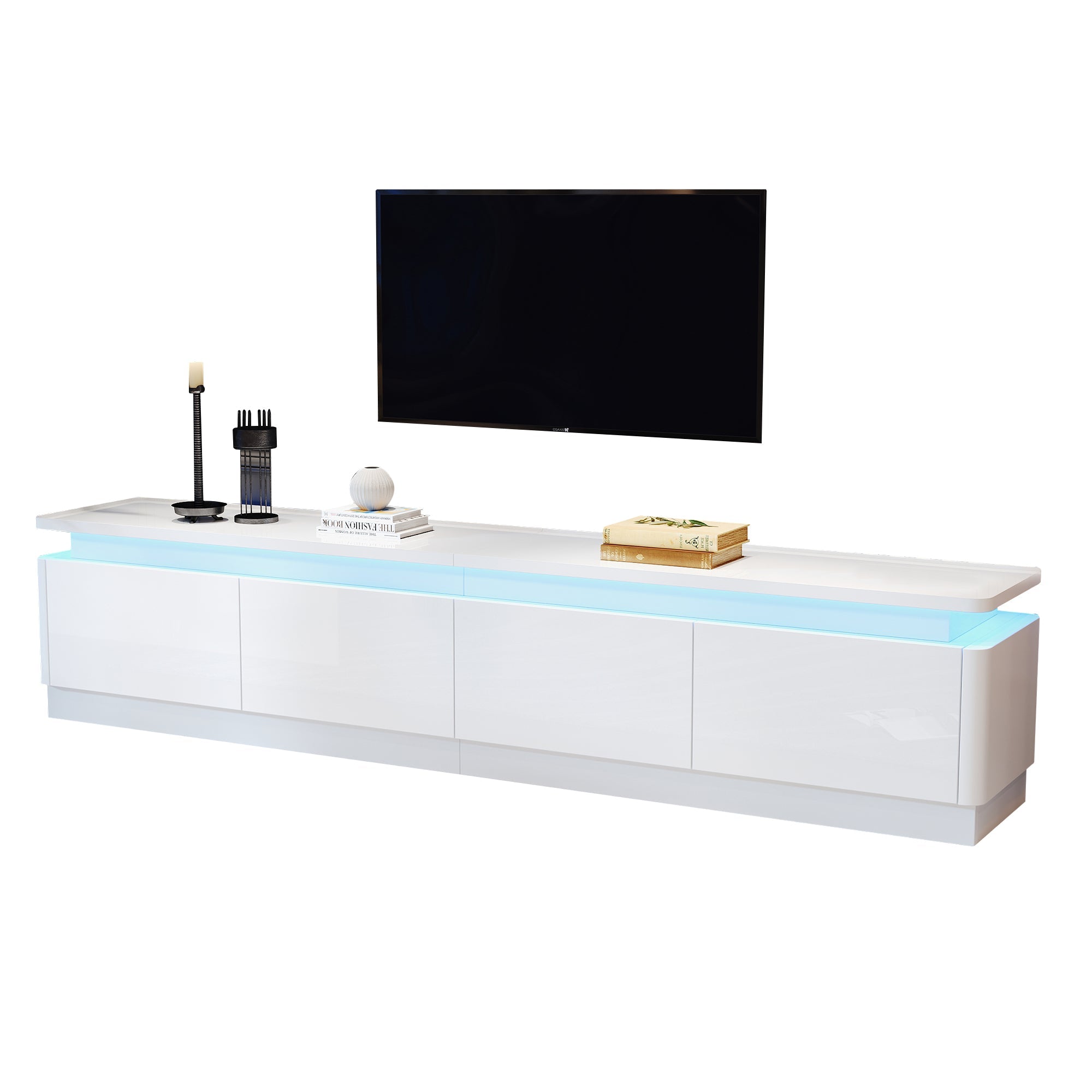 TV Cabinet, 180x34x40cm, 4 Drawers, LED, High-Gloss, for 80-inch TVs, White