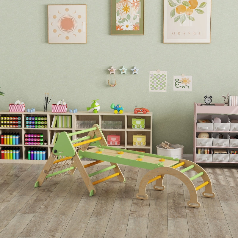 8-in-1 Montessori Climbing Frame Triangle Arch Slide - Wooden Green