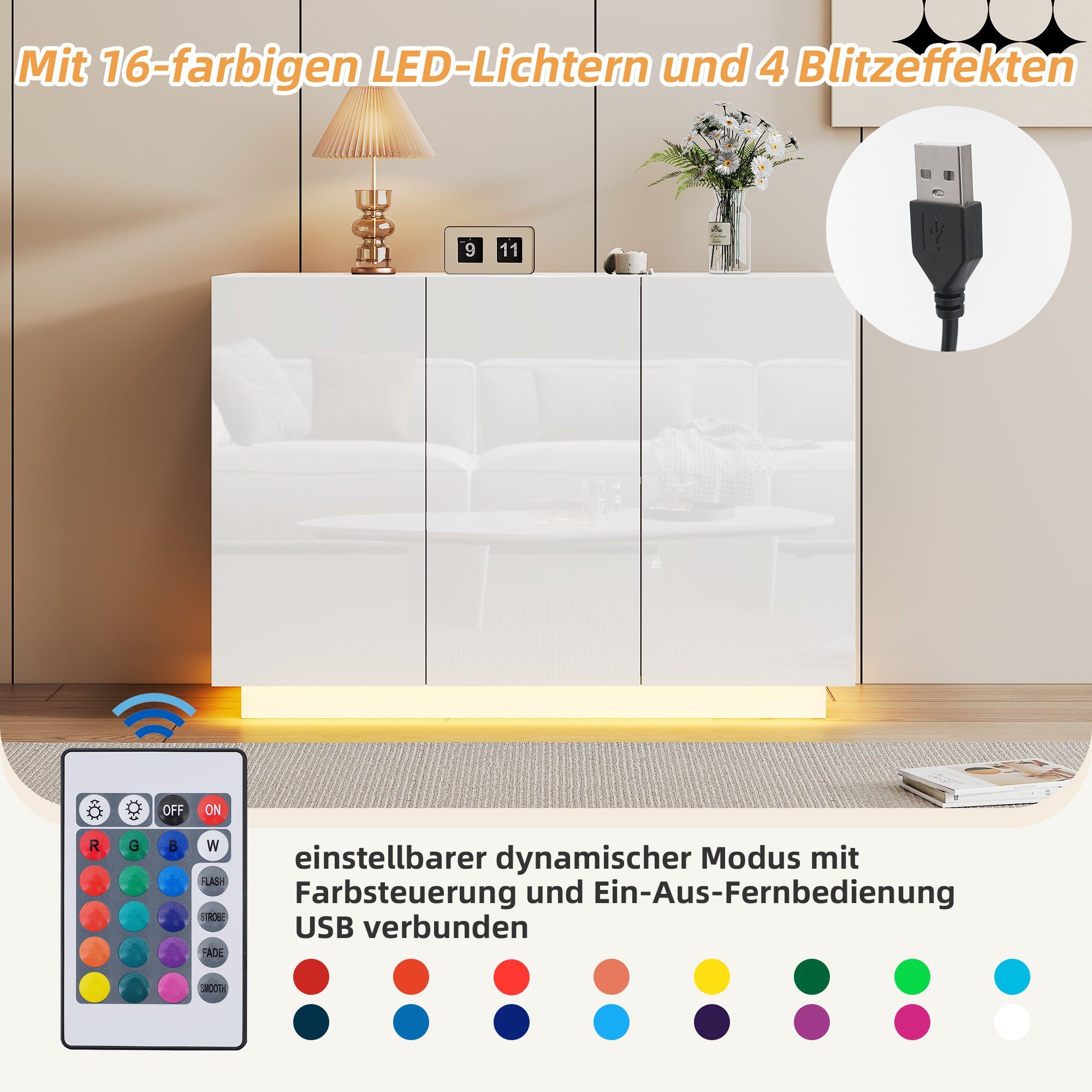 Dining Room Cabinet Sideboard, Open/Closed Storage LED Light, 120x40x75CM, White High-Gloss