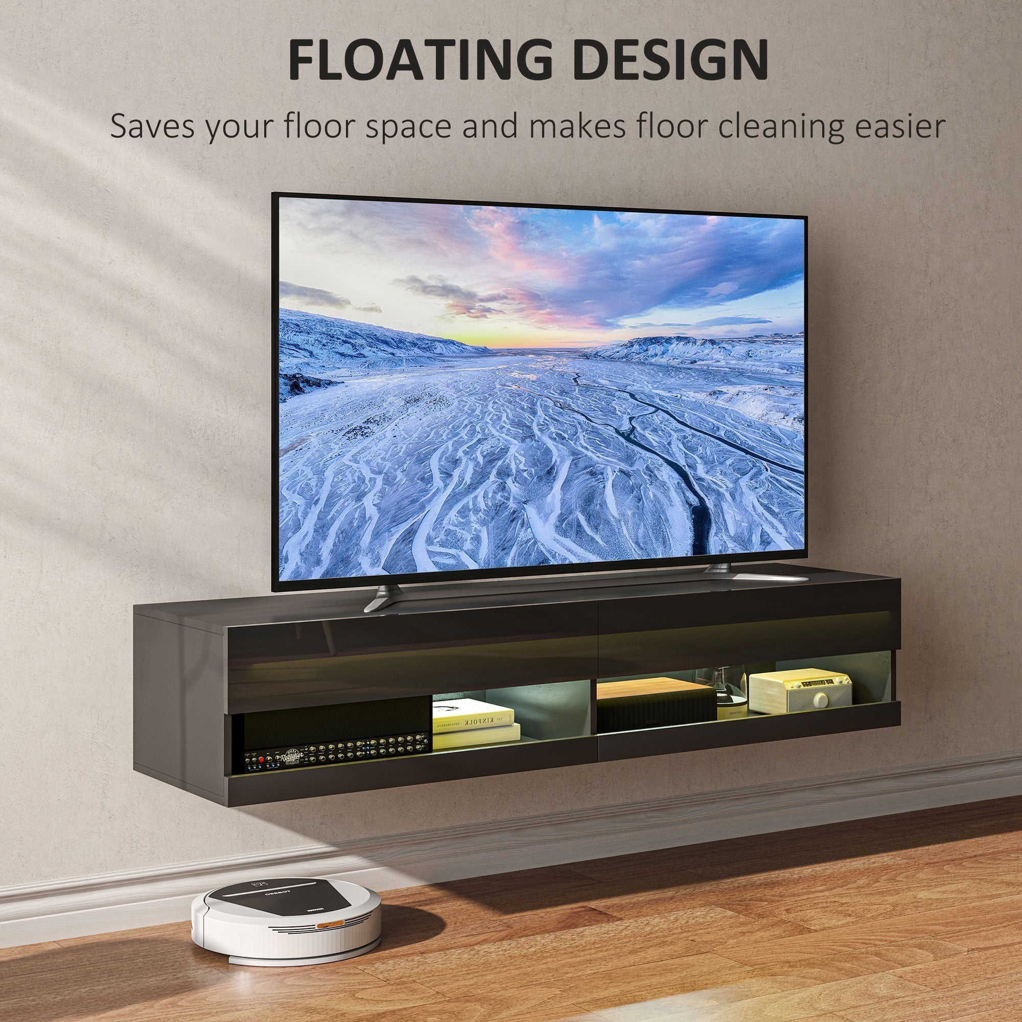 Floating TV Unit Wall Mounted Cabinet for TVs up to 65" with LED Lights, Black