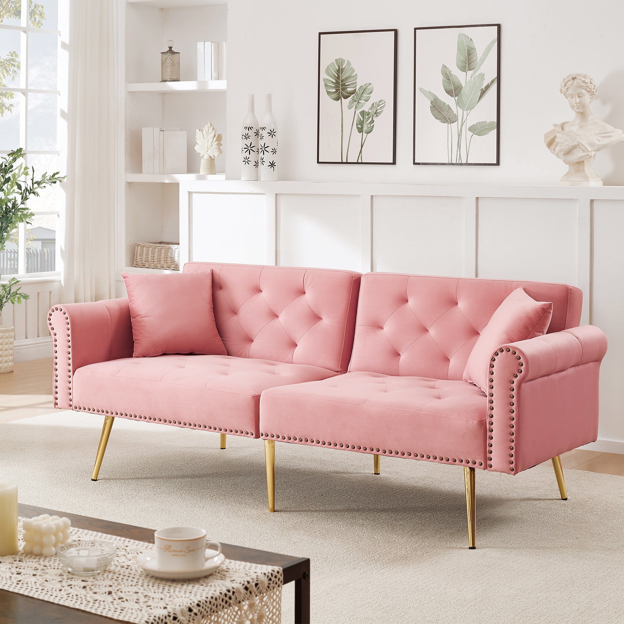 Sofa Bed, 2-Seater with 3-Level Adjustable Backrest & Gold-Plated Metal Feet, Velvet