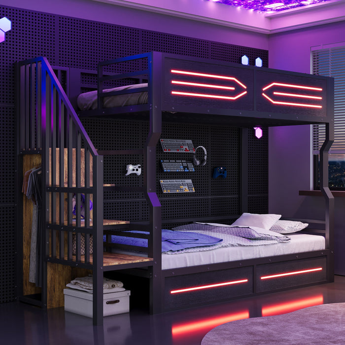 Loft Bed with Storage Stairs, LED Lighting and High Railing, 90x200cm, Black Iron