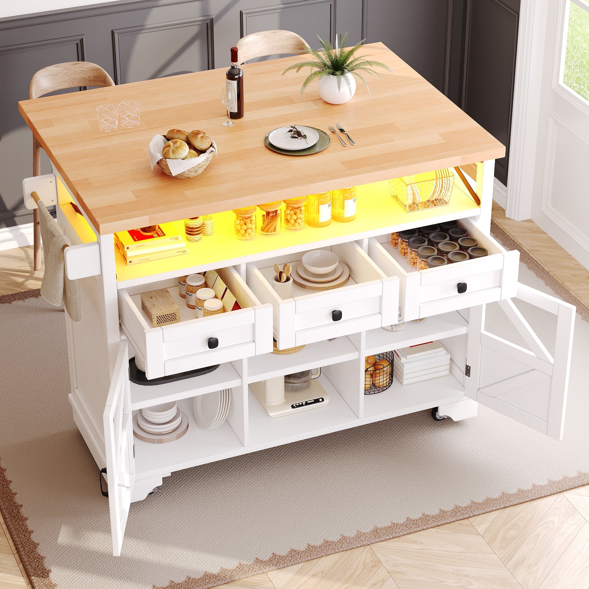 Multifunctional Kitchen Trolley App LED Folding Table 3 Drawers