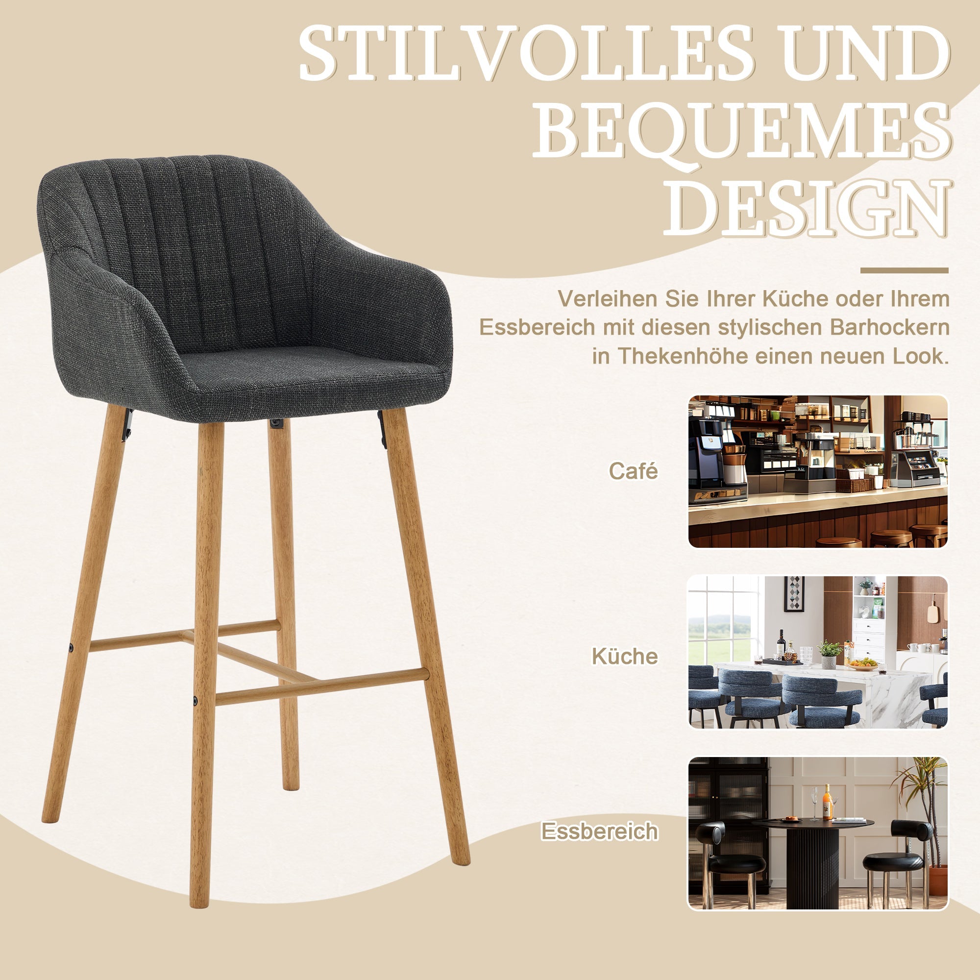 Modern European Bar Stools with High Backrest and Armrests, Set of 2, Beige Linen