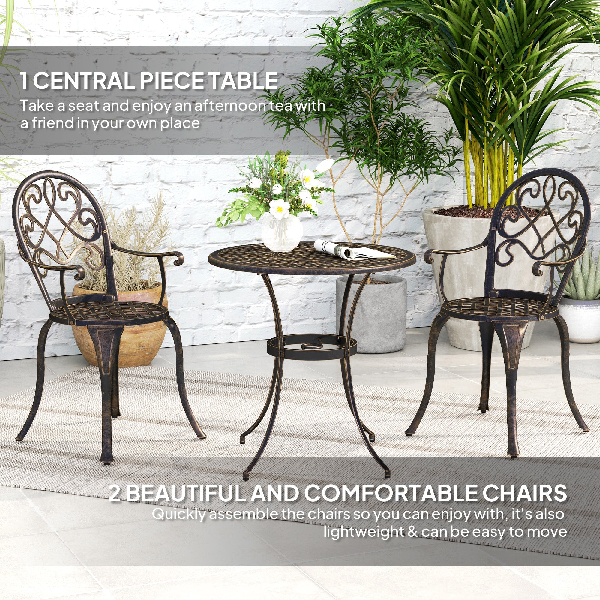 Three-Piece Garden Set, Elegant Aluminium Furniture, Bronze Tone