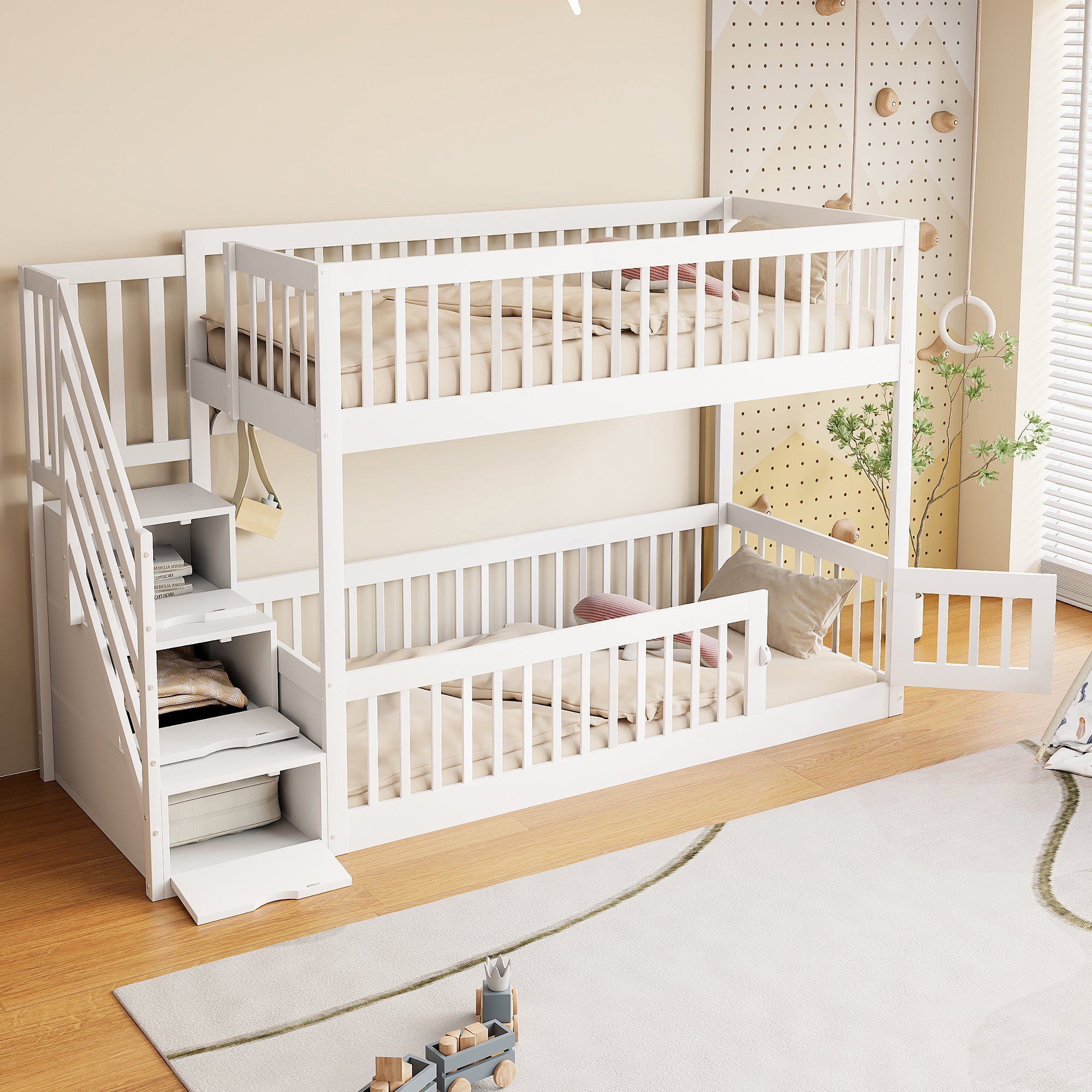 Bunk Bed 90x200 Safety Stairs Drawers Storage, White Wooden