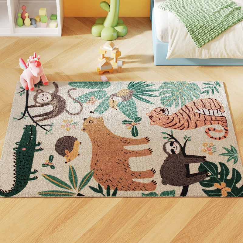 Fleece Rug Jungle Pattern Easy Care, Cream White/Multicolored