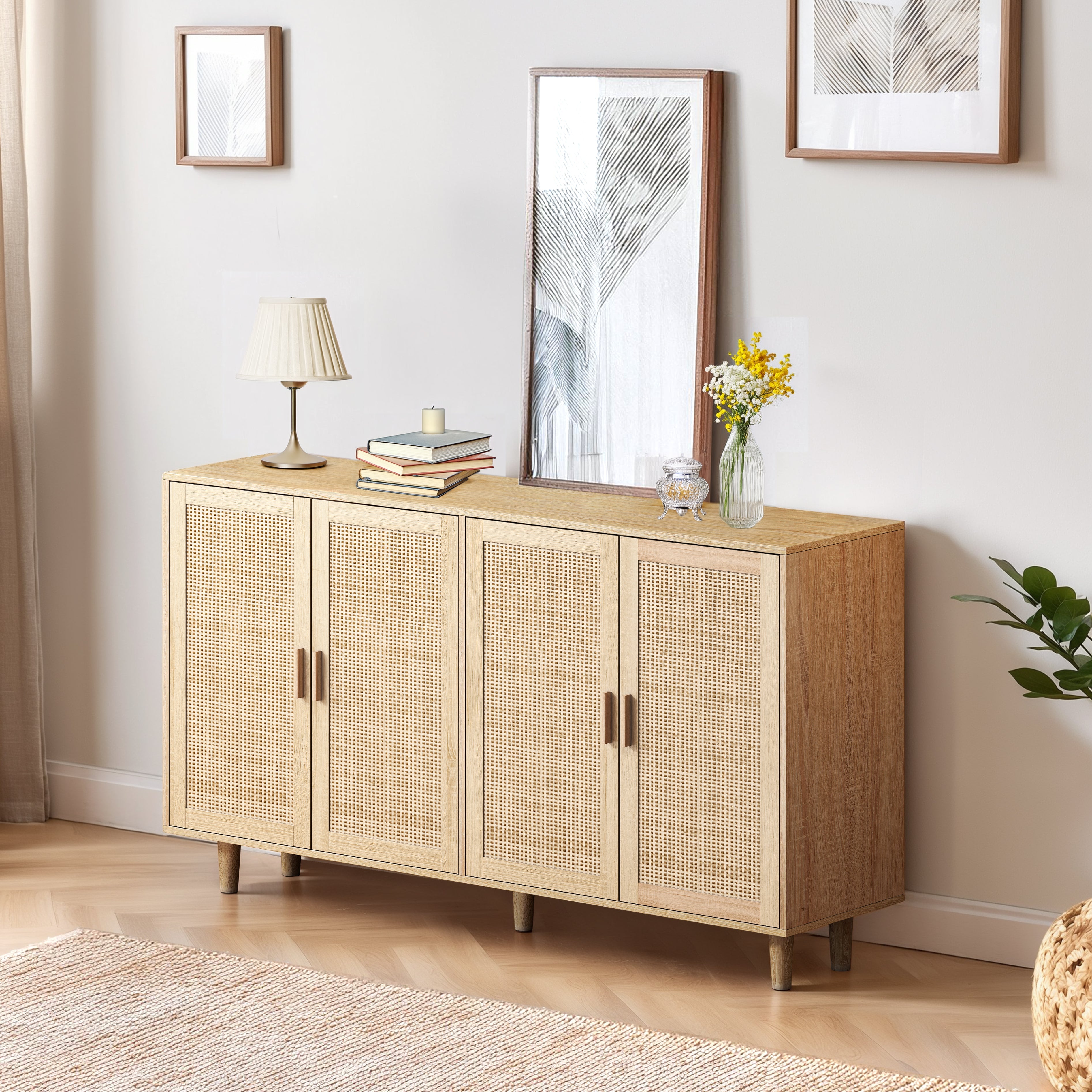 Rattan Decorative Storage Cabinet, 158CM 4-Door, Natural