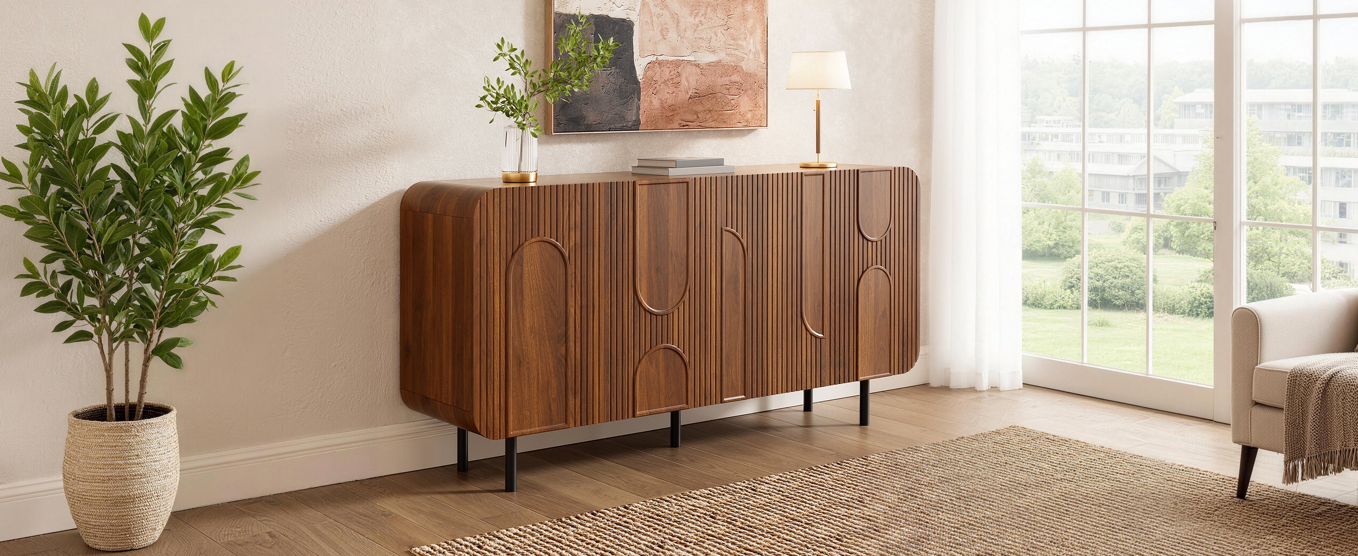 Mid-Century Sideboard with 4 Doors and 8 Compartments, Walnut Finish Wood and Metal
