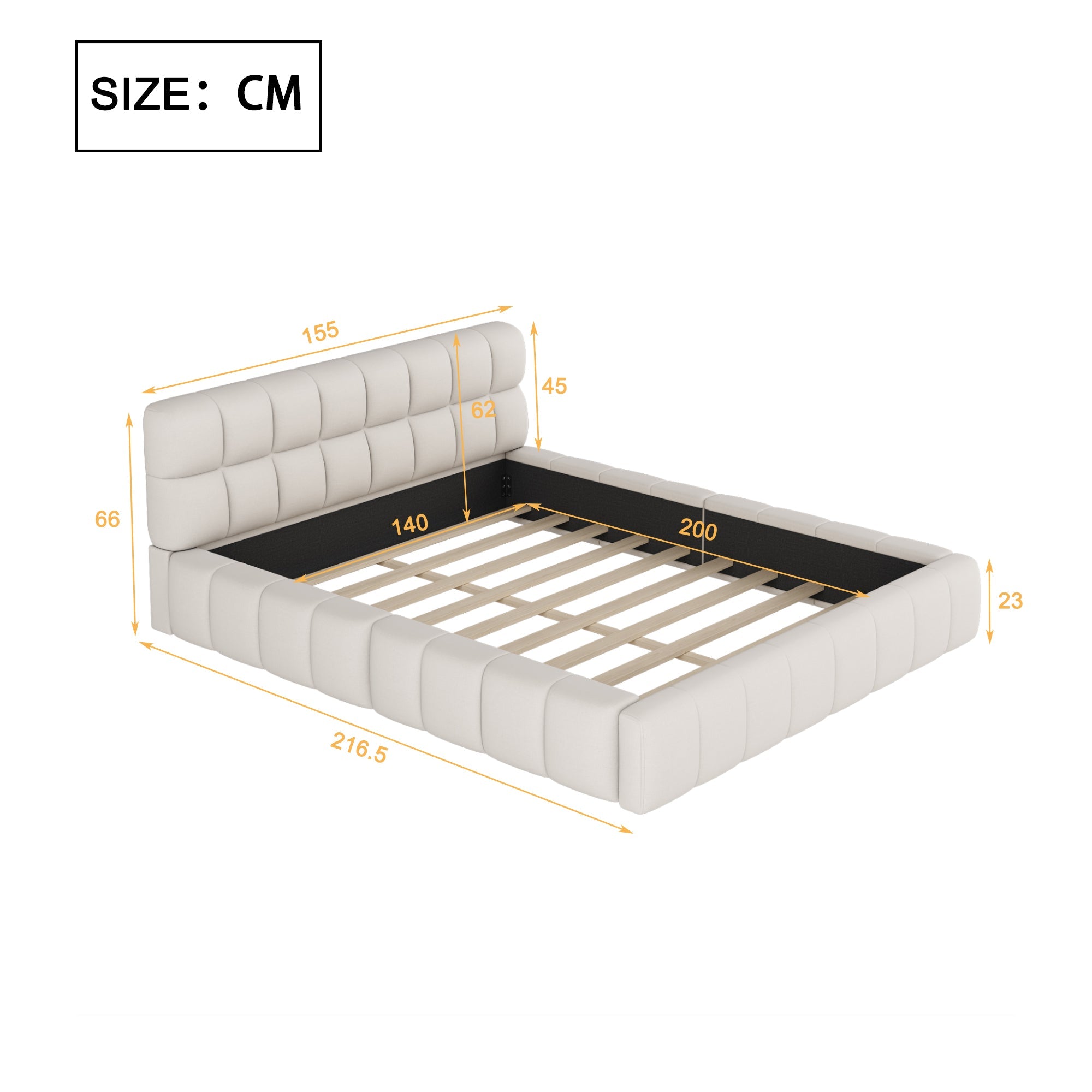 Upholstered Bed, 140x200cm Double with Soft Backrest, Linen Beige