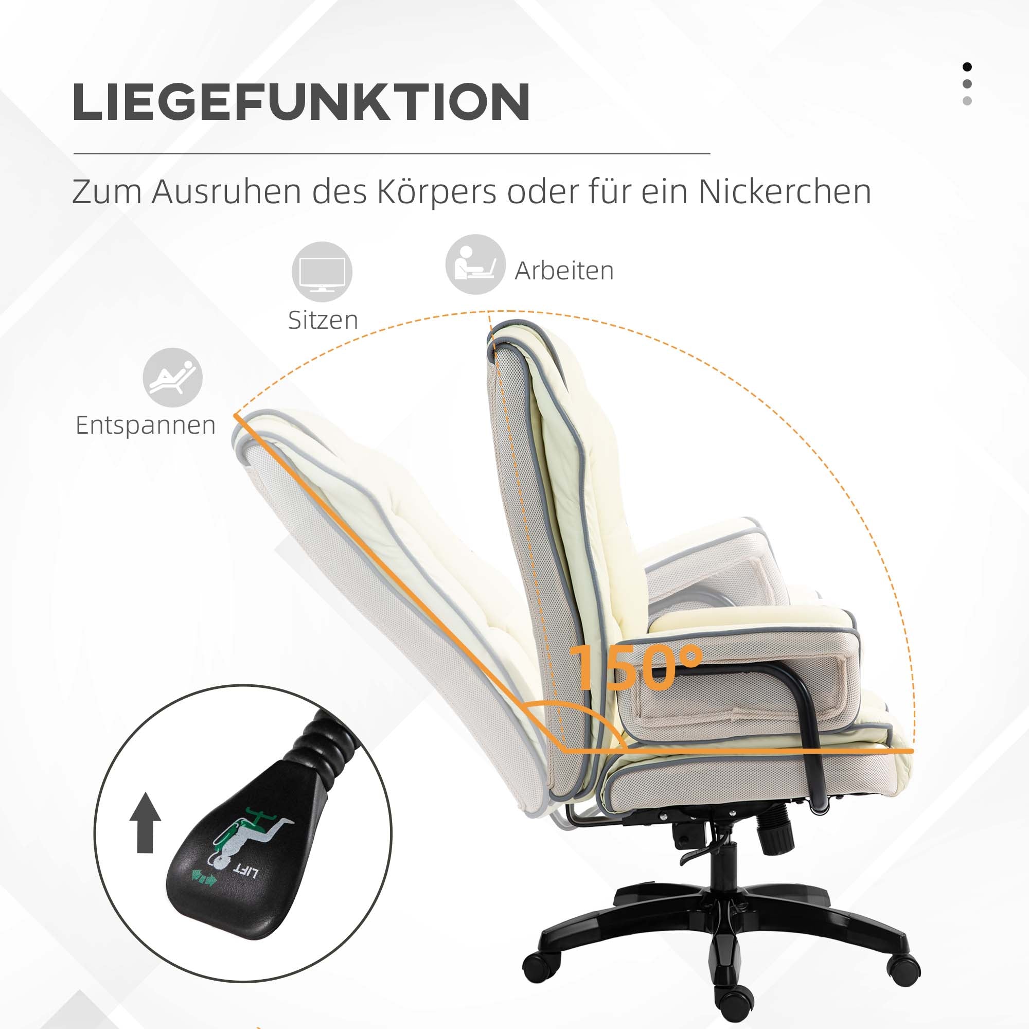 Bürostuhl, ergonomisch verstellbar mit Liegefunktion, Cremefarben