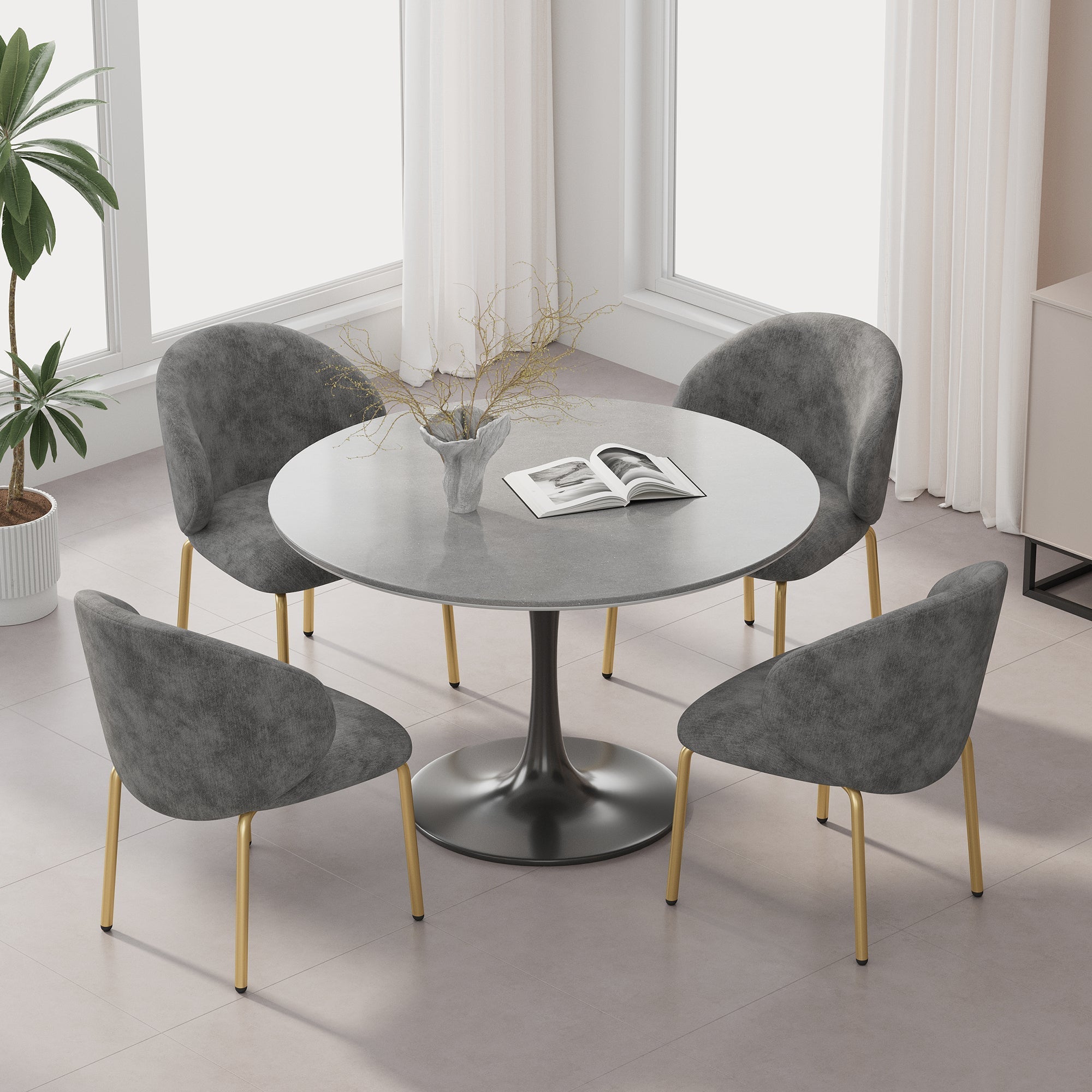 Dining Chairs and Lounge Chairs with Gold Legs, Set of 4, Grey Chenille