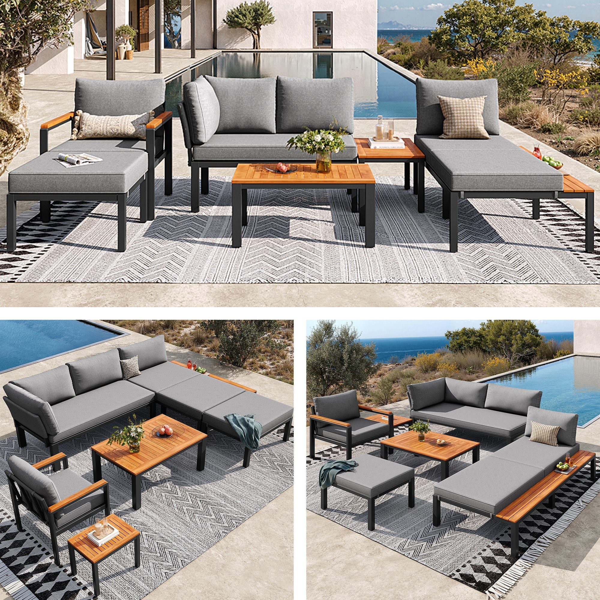 Modular Outdoor Seating Set with Metal Frame and Wooden Tables, Grey
